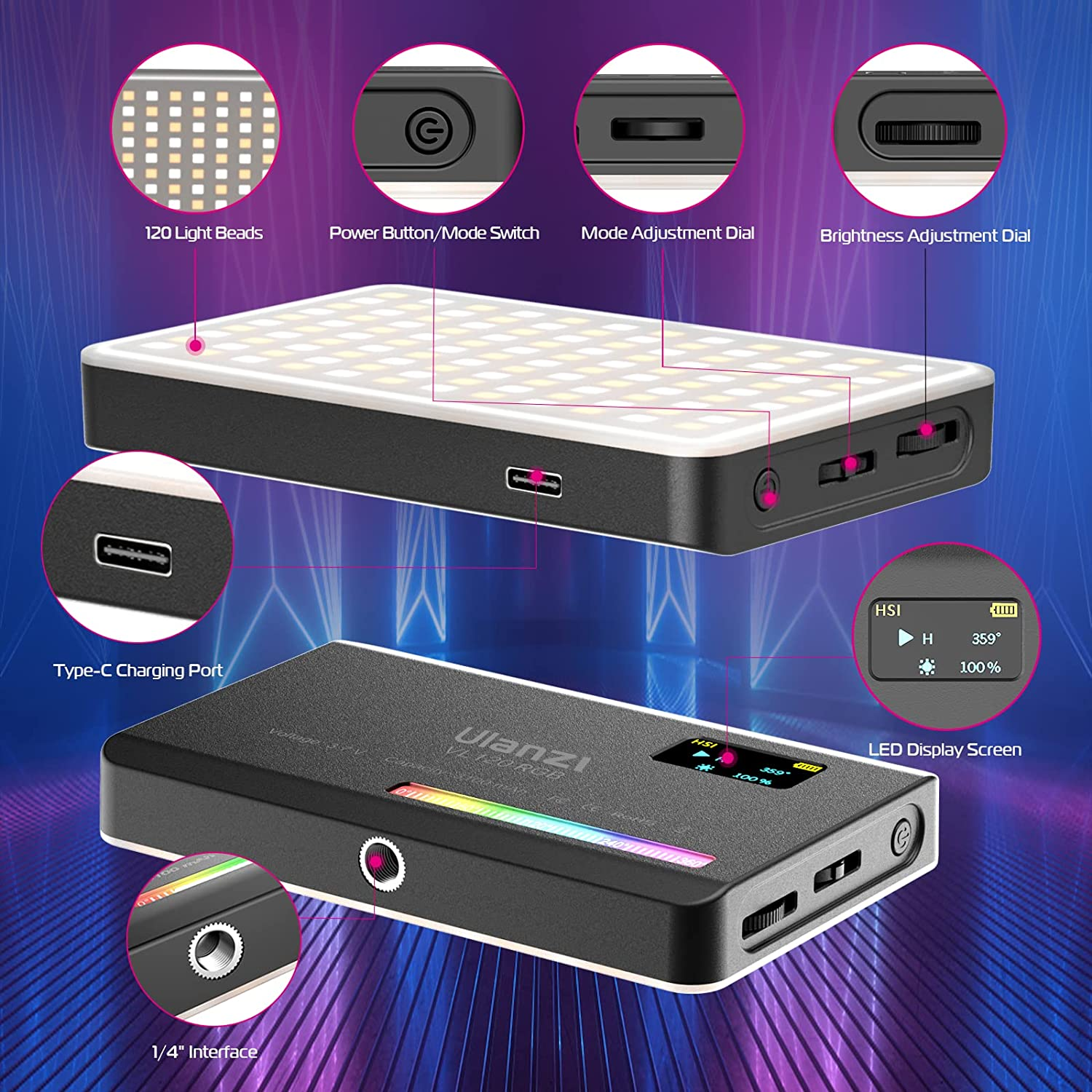 ULANZI VL120 RGB LED Video Light, 360&deg; Full Color Portable Camera Light, CRI 95+ 2500-9000K Dimmable Panel Lamp W LCD, 3100Mah Rechargeable DSLR Lighting for Vlogging, Photography, Video Conference image number 6