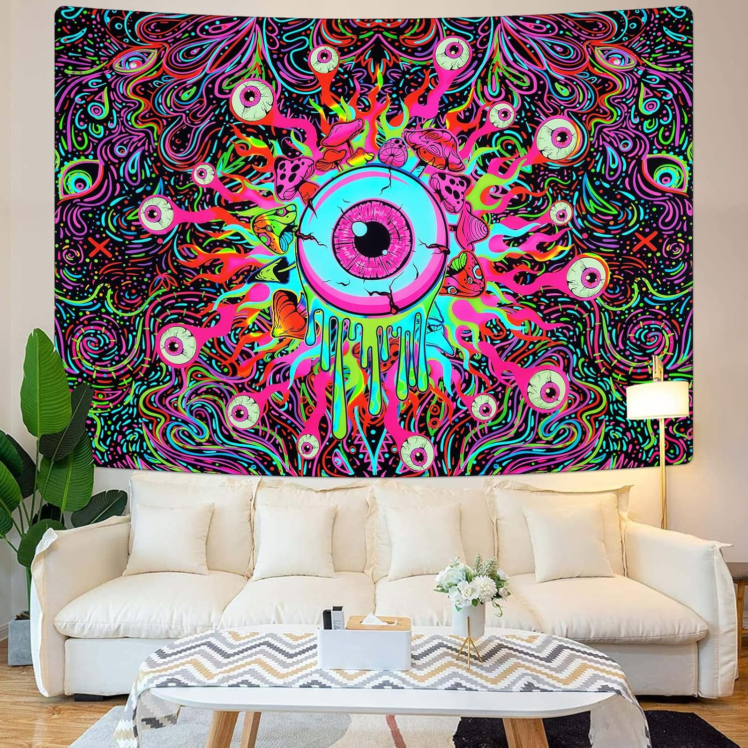 Boniboni Blacklight Mushroom Tapestry UV Eyes Tapestry Colorful Neon Tapestries Glow in the Dark Aesthetic Tapestry Wall Hanging for Bedroom, Room(51.2 X 59.1 Inches) image number 1