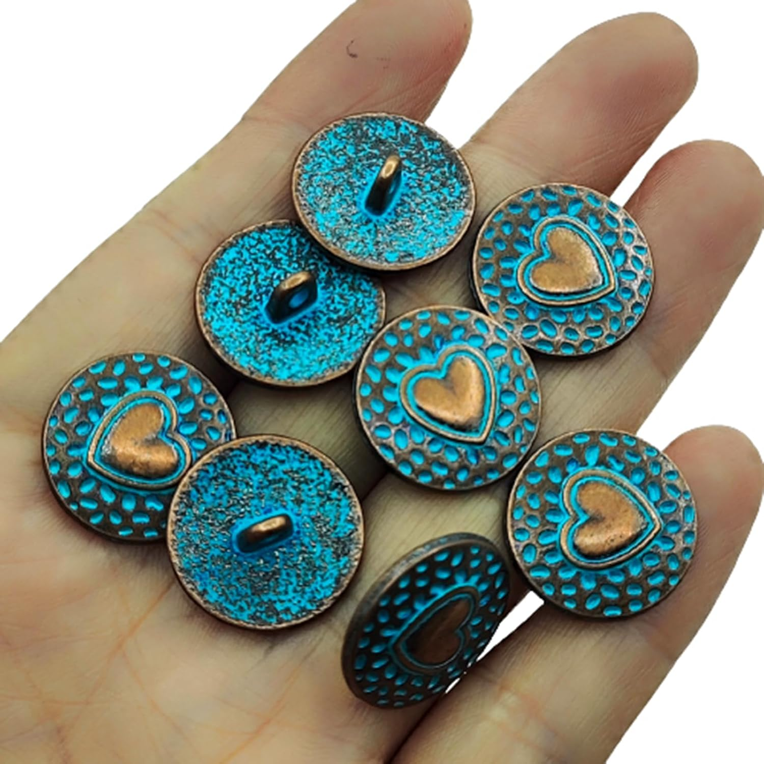 15Pcs Antiqued Bronze Metal Shank Buttons - round Antique Copper Painted Blue Heart Pattern for DIY Sewing Scrapbooking 18Mm