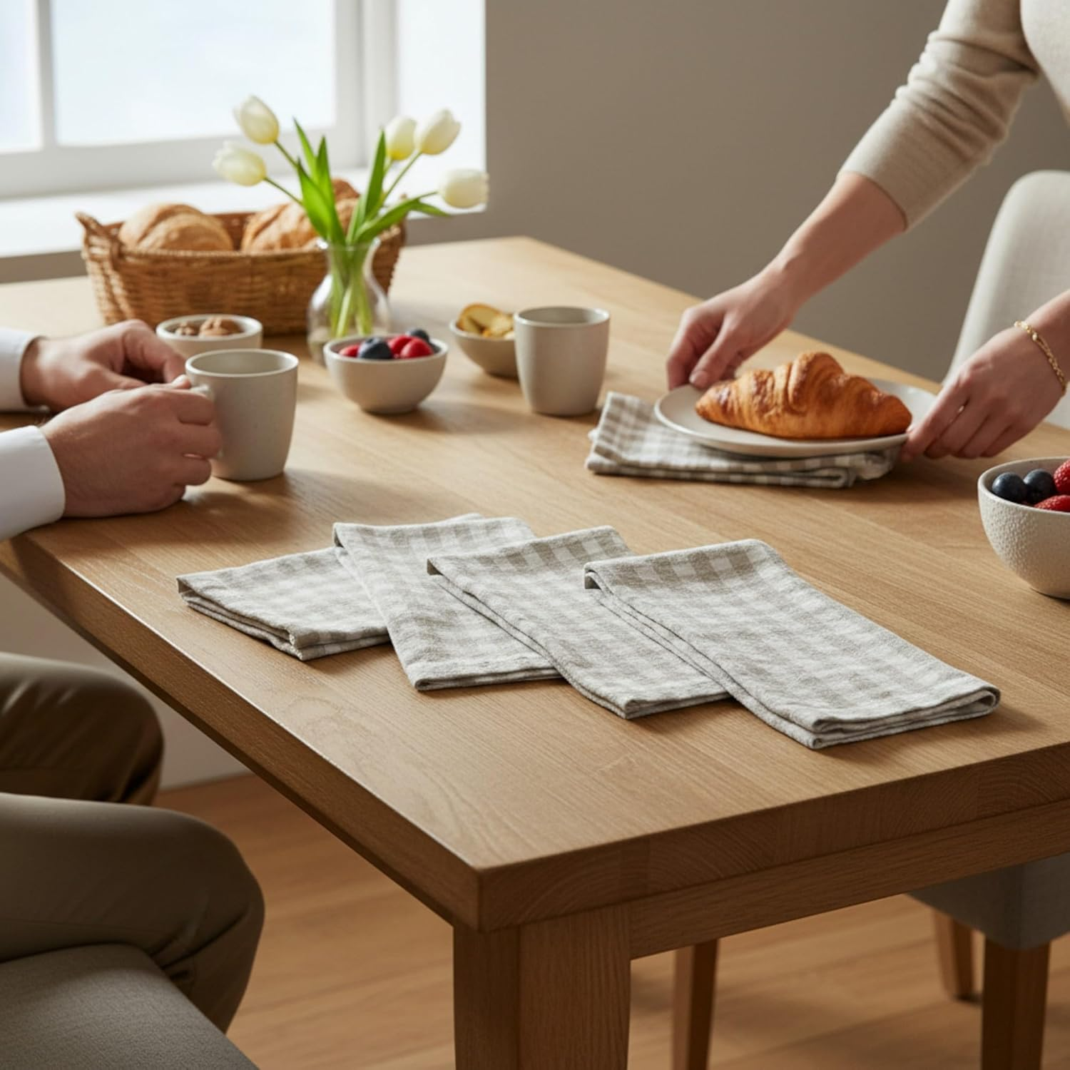 Linen Napkins &ndash; 100% French Flax &ndash; Stonewashed Pure Linen Cloth Napkins &ndash; Mitered Corners &ndash; Size 50 Cm X 50 Cm - Set of 4 (Natural Check) image number 6