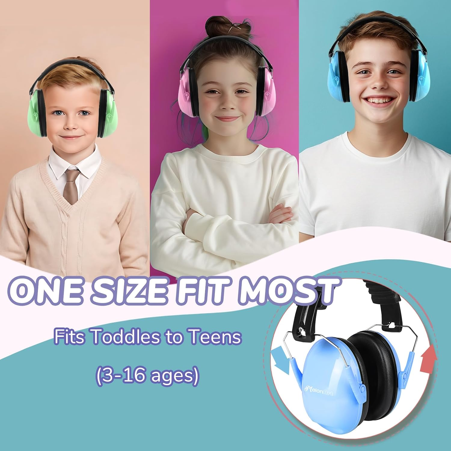 Melonart Kids Ear Protection Earmuffs Safety Hearing Protection Headphones Noise Reduction for Autism Sensory Kids Chirldren - Blue  Pink  Green image number 3