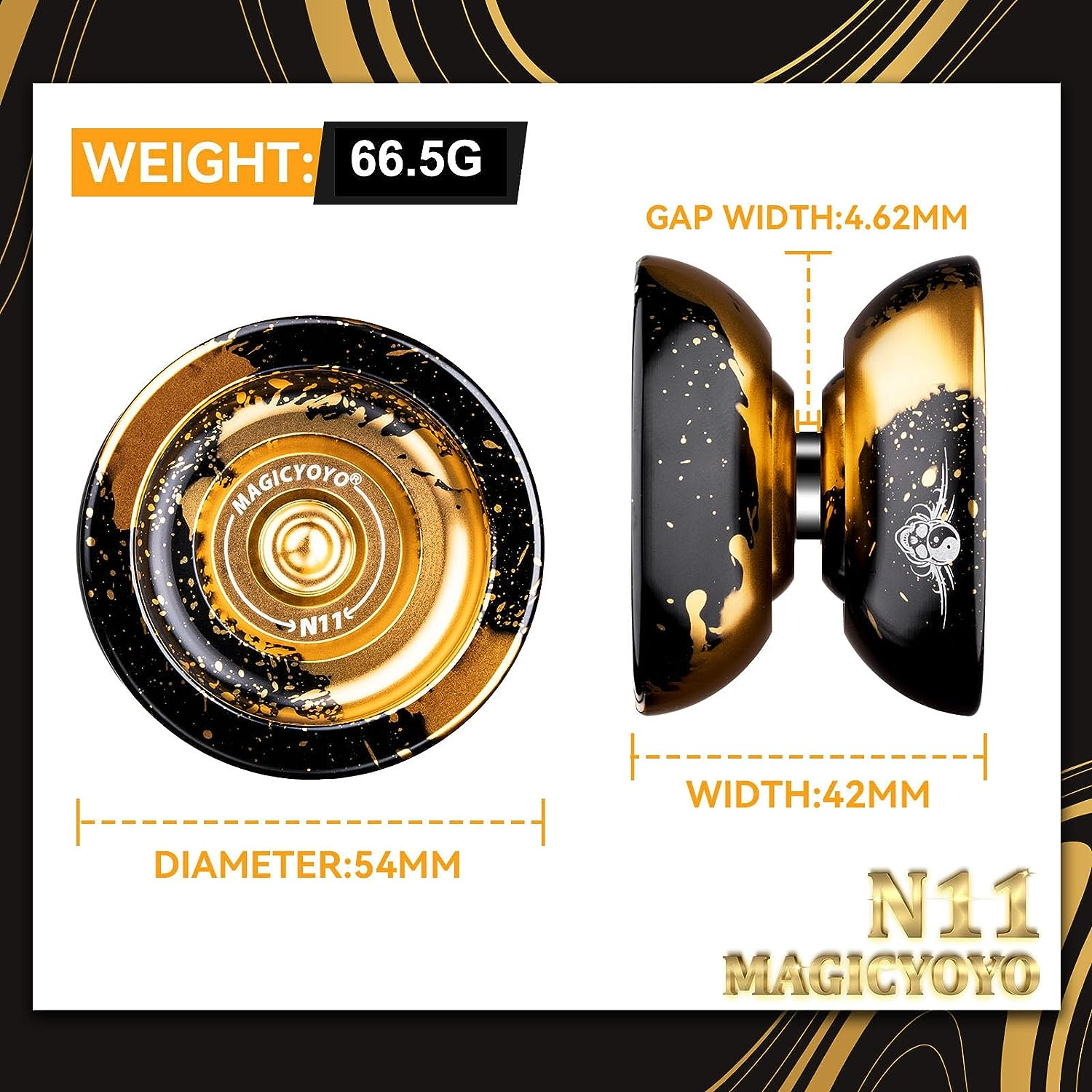 Dual Purpose N11 Black Golden Alloy Yoyo - Responsive for Kids Beginners, Unresponsive for Advanced Play + Glove, Bag, 12 Strings image number 2