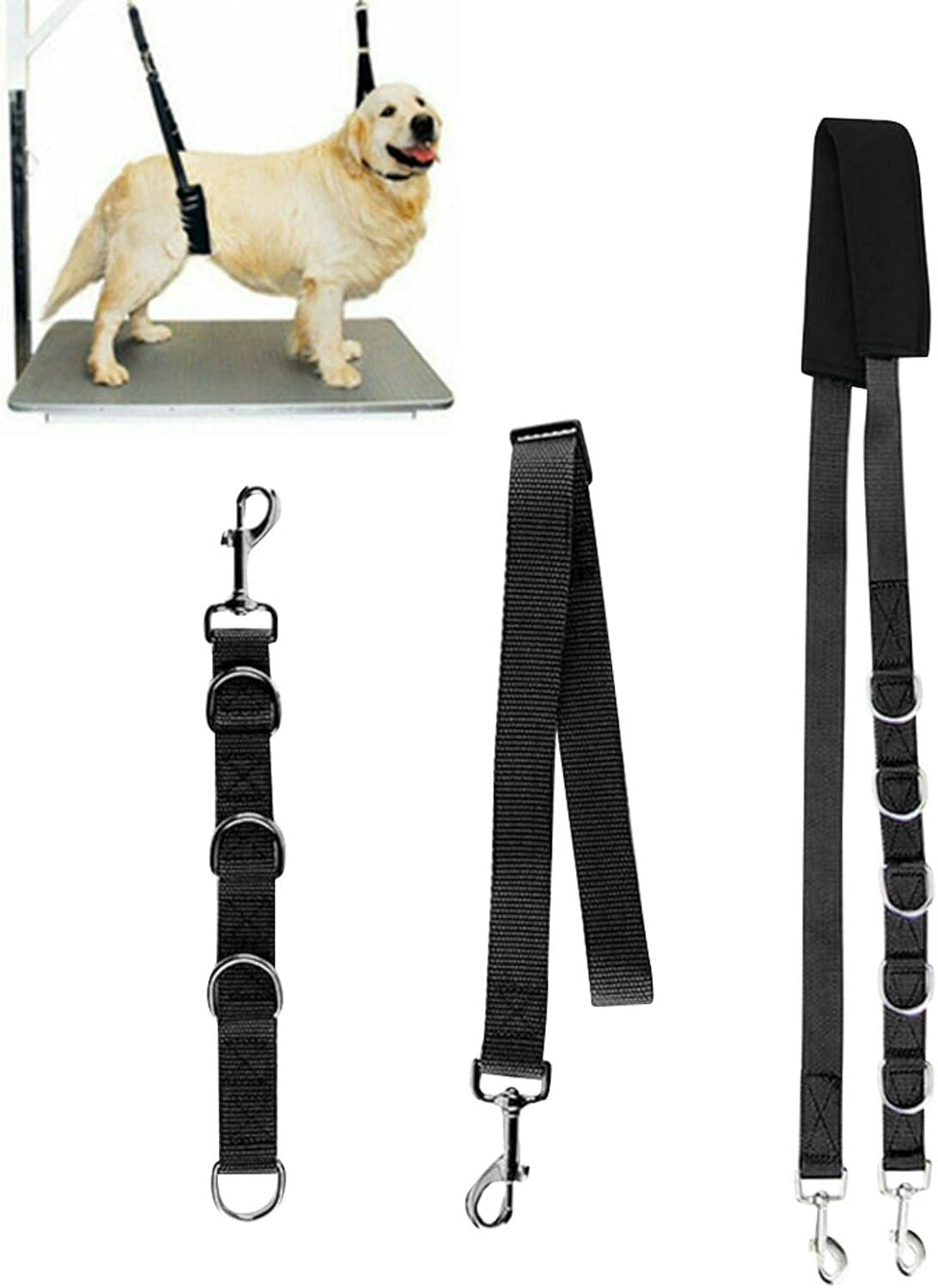 Ganquer 3Pcs Pet Dog Grooming Harness Strap Noose Restraint Belly Pad Leash Neck and Haunch Holder Grooming Adjustable Table Rope with D-Rings Bathing Band(Black)