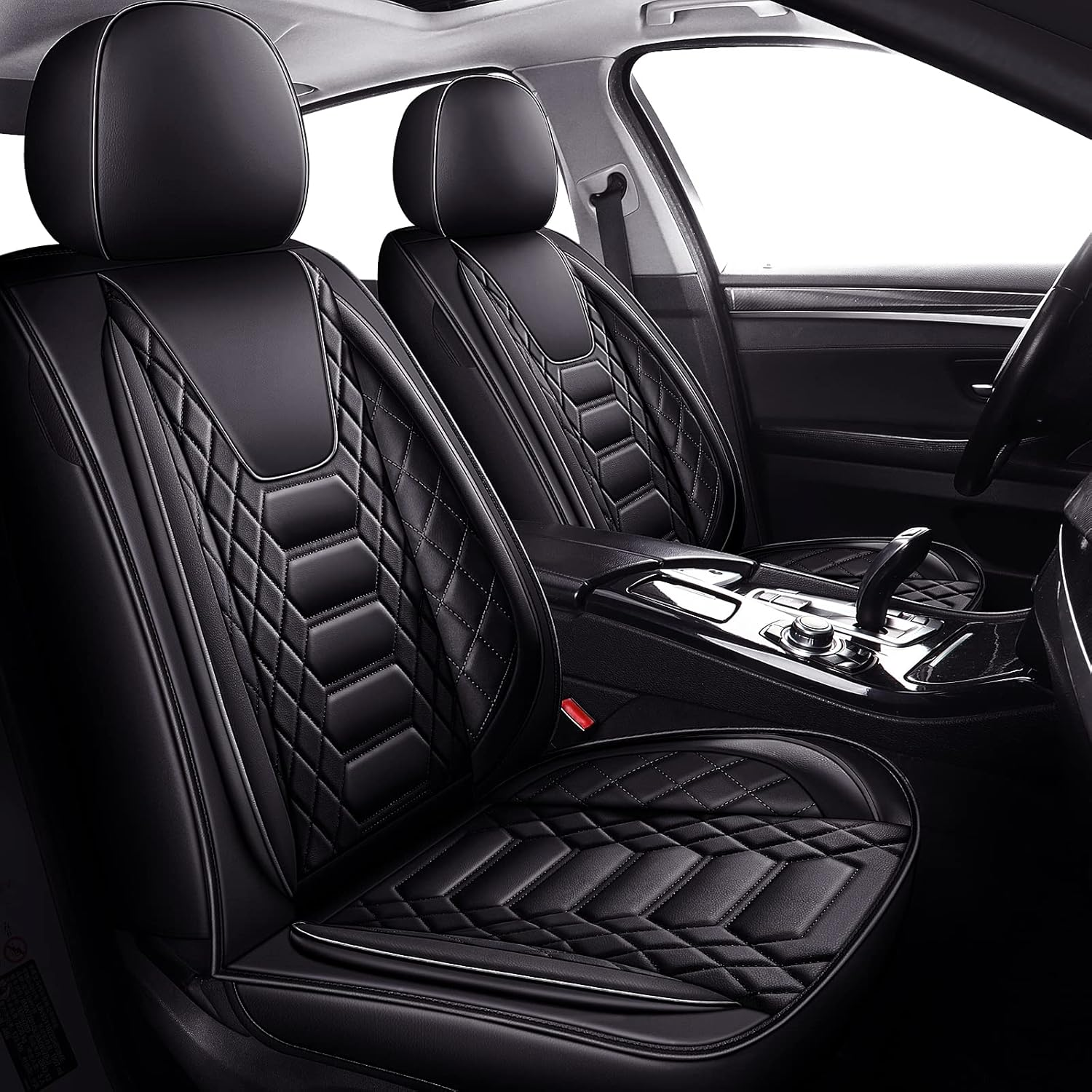 FREESOO Car Seat Covers Leather, Seat Cover Full Set Waterproof Automotive Cushion Protector Accessories Airbag Compatible Universal Fit for 5 Seats Vehicle (Black 8)