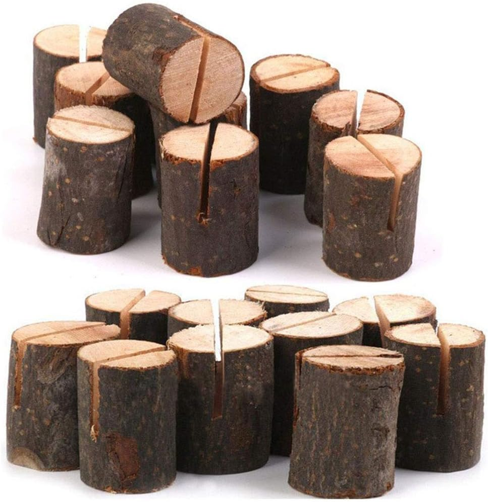 OBLEGY 10Pcs Wood Place Card Holders and 10Pcs Kraft Table Name Place Cards, Natural Log Table Number Stands Food Labels Dinner Decor Photo Holders for Christmas, Weddings, Birthday, Party Supplies image number 4