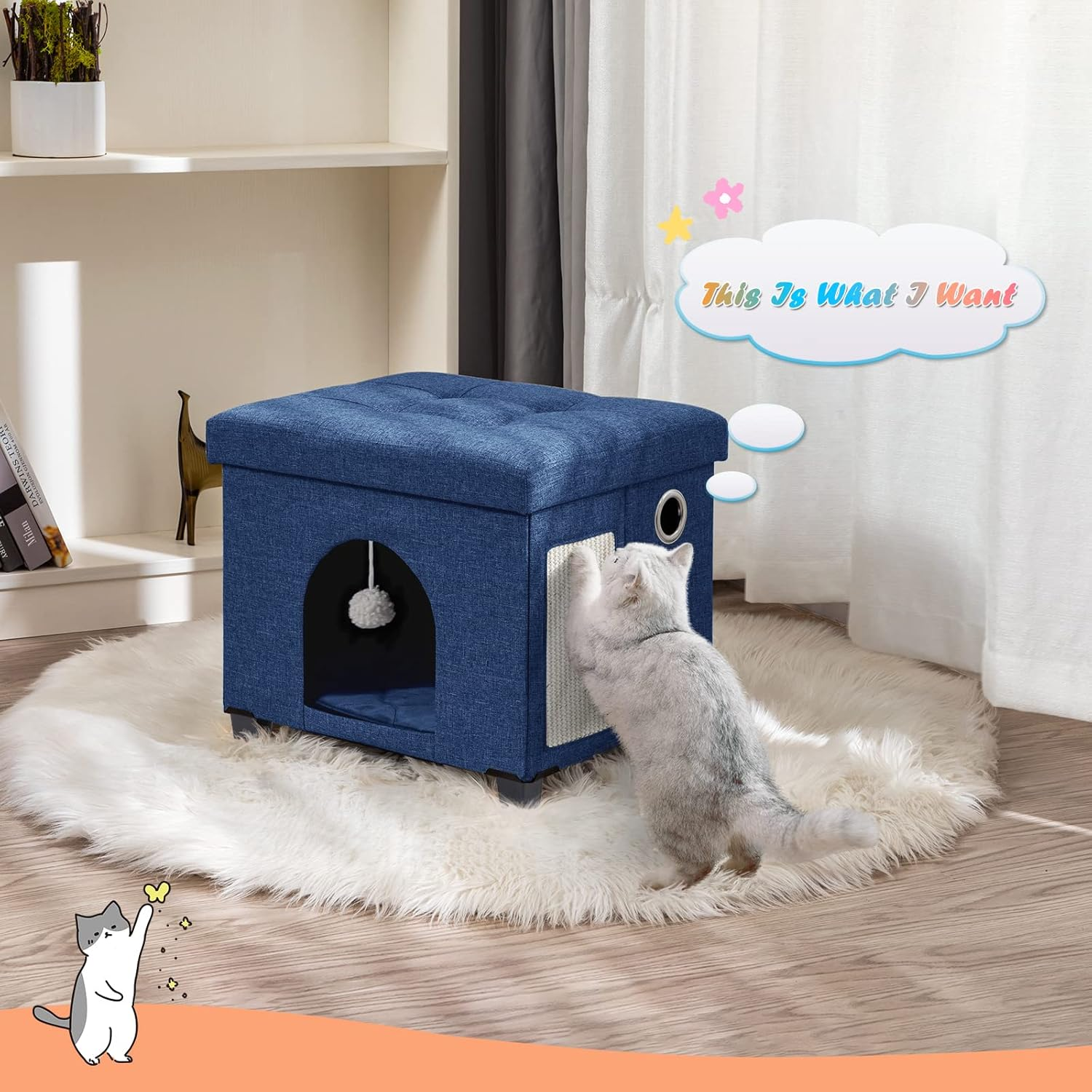 BRIAN & DANY Collapsible Cat Cave for Indoor Cats, Multifunctional Cube Cat House with Cat Scratch Board & Ball, 37X 31.8 X 36 Cm, Blue image number 1