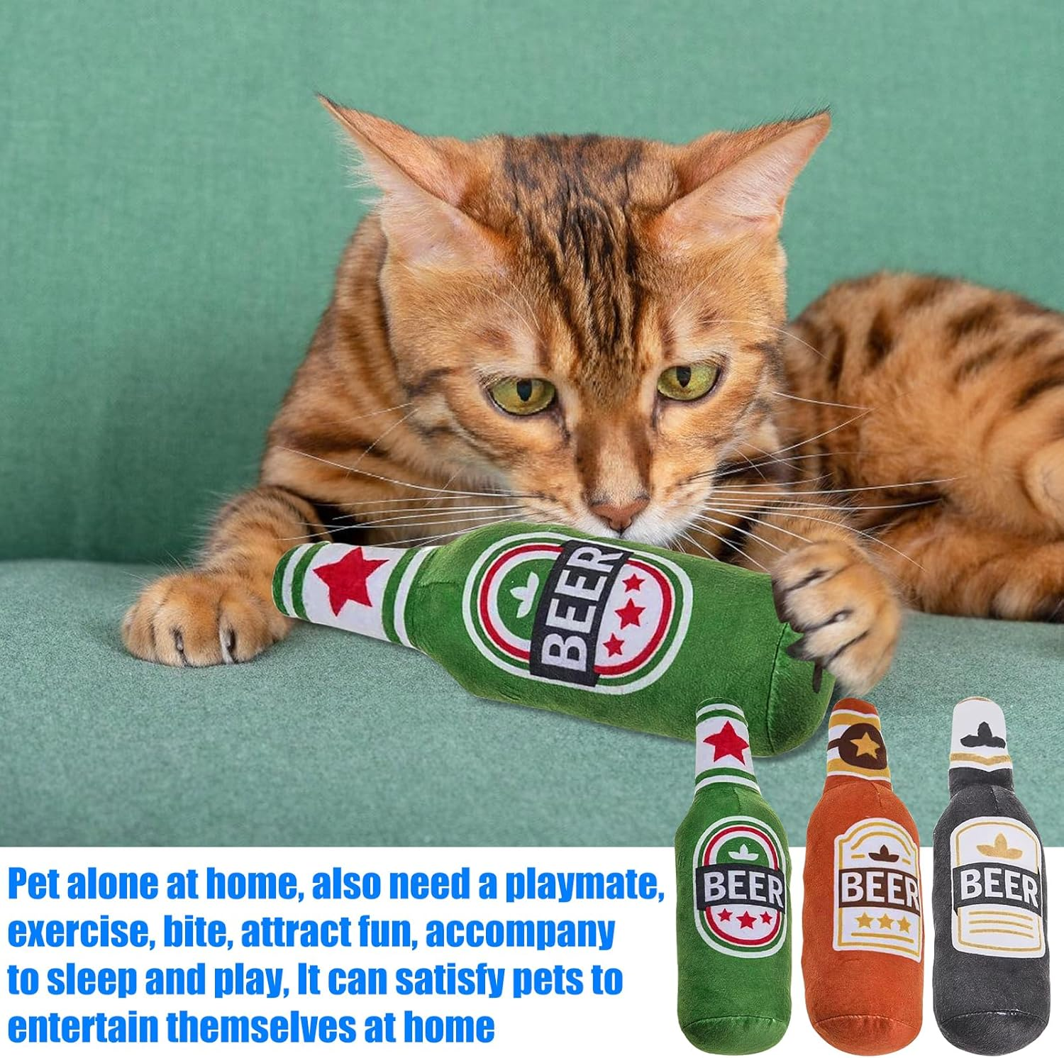 HOMURY Pack of 3 Plush Dog Toy, Squeaky Soft Beer Bottle Cat Toys with Catnip Paper, Plush Beer Bottle Toy, Chew Toy for Cats and Dogs image number 6
