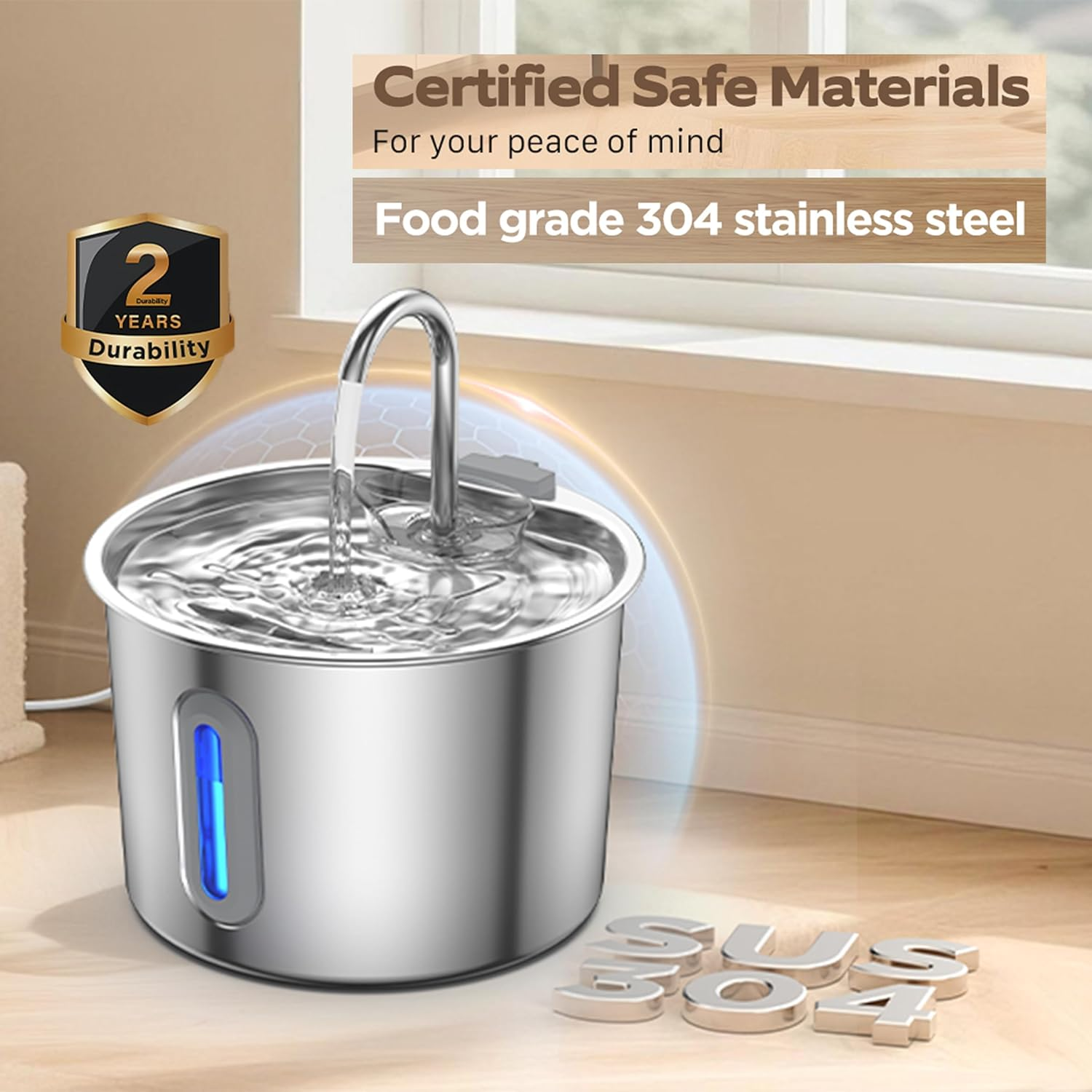 Cat Water Fountain Stainless Steel, 74Oz/2.2L, Cat Fountain Inside, Automatic Dog Watering Dispenser Bowl, Pet Feeding & Watering Supplies, Water Level Window