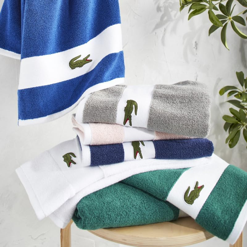 Lacoste Sport Stripe 6-Piece Luxury Cotton Towel Set &ndash; Made with 100% Soft Supima Cotton, Absorbent & Quick-Drying, Includes 2 Bath Towels, 2 Hand Towels, 2 Washcloths, Navy