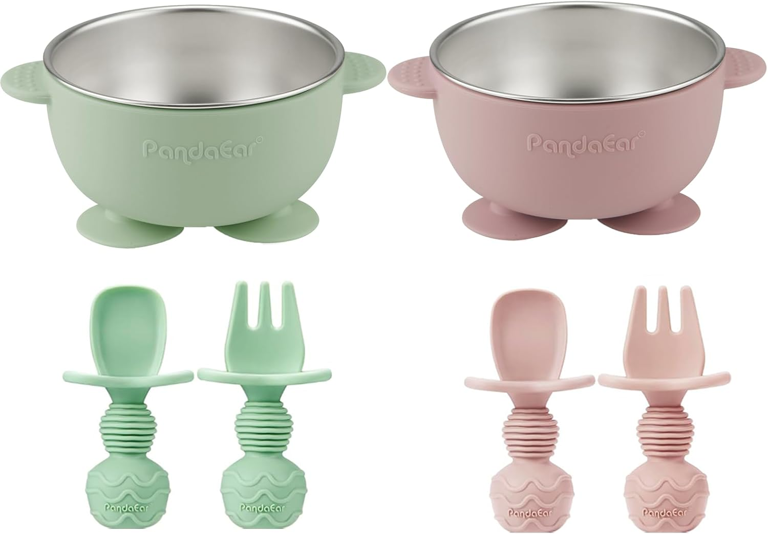 Pandaear 2 Pack Stainless Steel Toddler Bowls with Suction and 2 Spoons 2 Forks, Pink Green image number 4