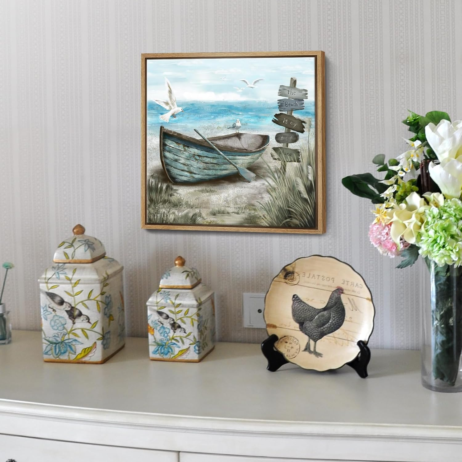 Framed Wall Art Beach D&eacute;cor Ocean Canvas Picture Coastal Artwork Sea Bird Boat Blue Tan Small Rustic Beachy Canvas Print for Bathroom Bedroom Living Room image number 5