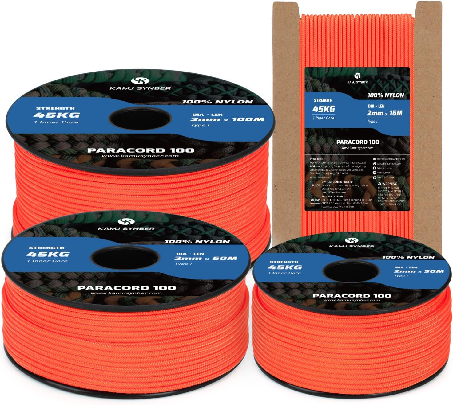 Kamu Synber 2Mm Paracord 30M 100% Nylon Rope 1 Strand Type I Parachute Cord for Crafting, Outdoor, DIY, Camping | Support 45Kg | Neon Orange - Army Green image number 7