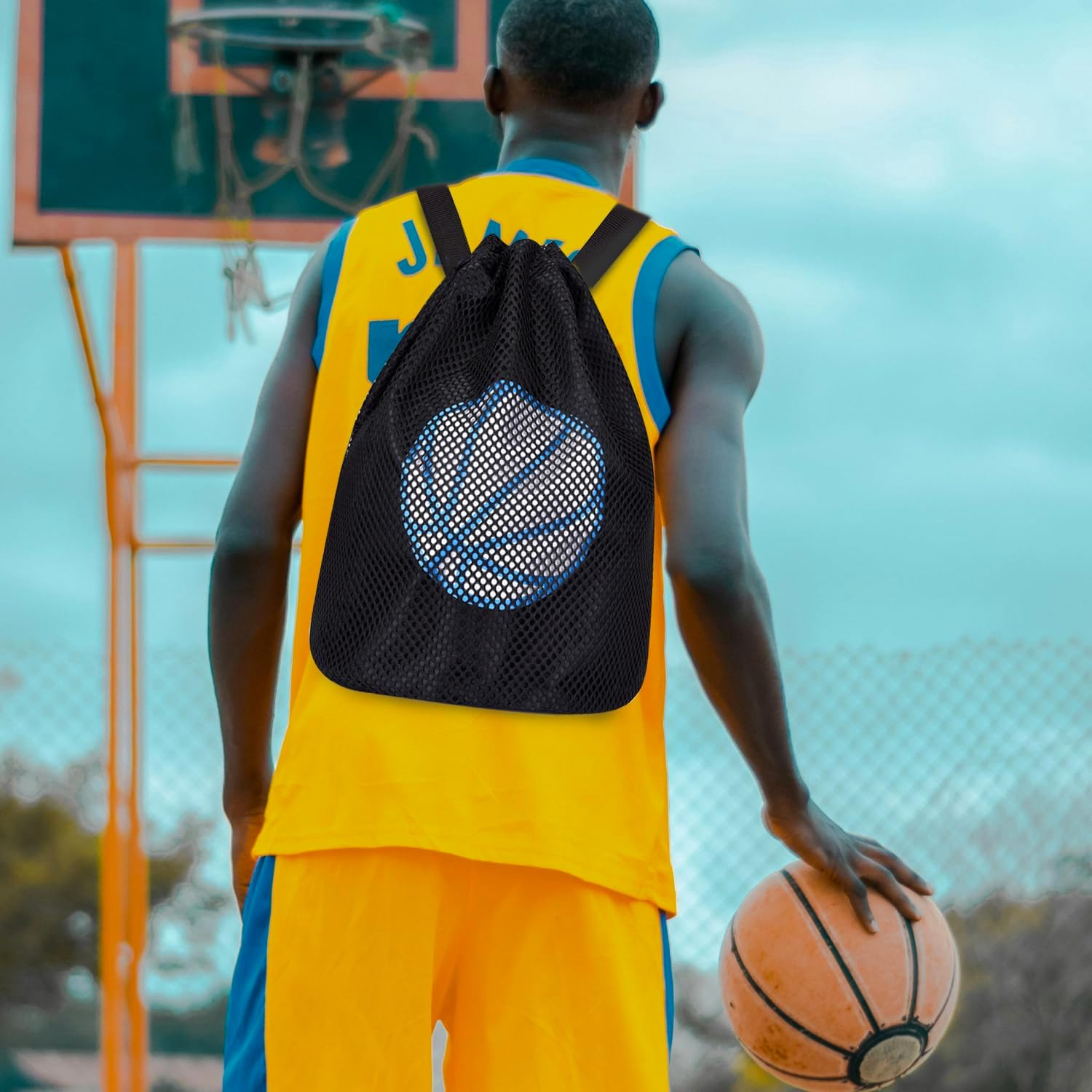 Sonicefit Drawstring Backpack Basketball Bag, Foldable Sports Sackpack Gym Bag for Boys Girls, Lightweight Gym Sack String Bag Cinch Beach Swim Bag for Travel Soccer Football Rugby Swim image number 6