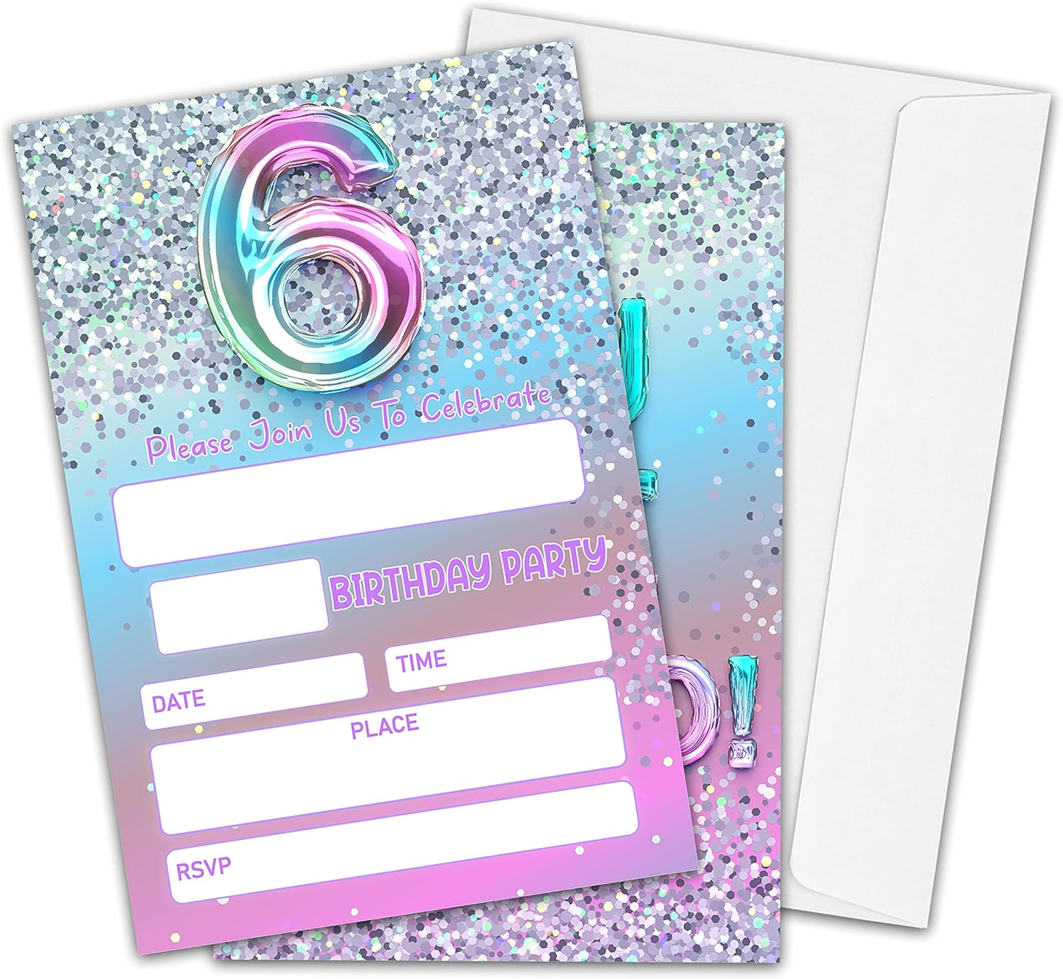 5Th Birthday Party Invitations for Girls or Boys, Silver Glitter Theme Birthday Parties Supplies Decorations, Rainbow Balloons Fill-In Invites(20 Invitations and Envelopes)-D01 image number 1