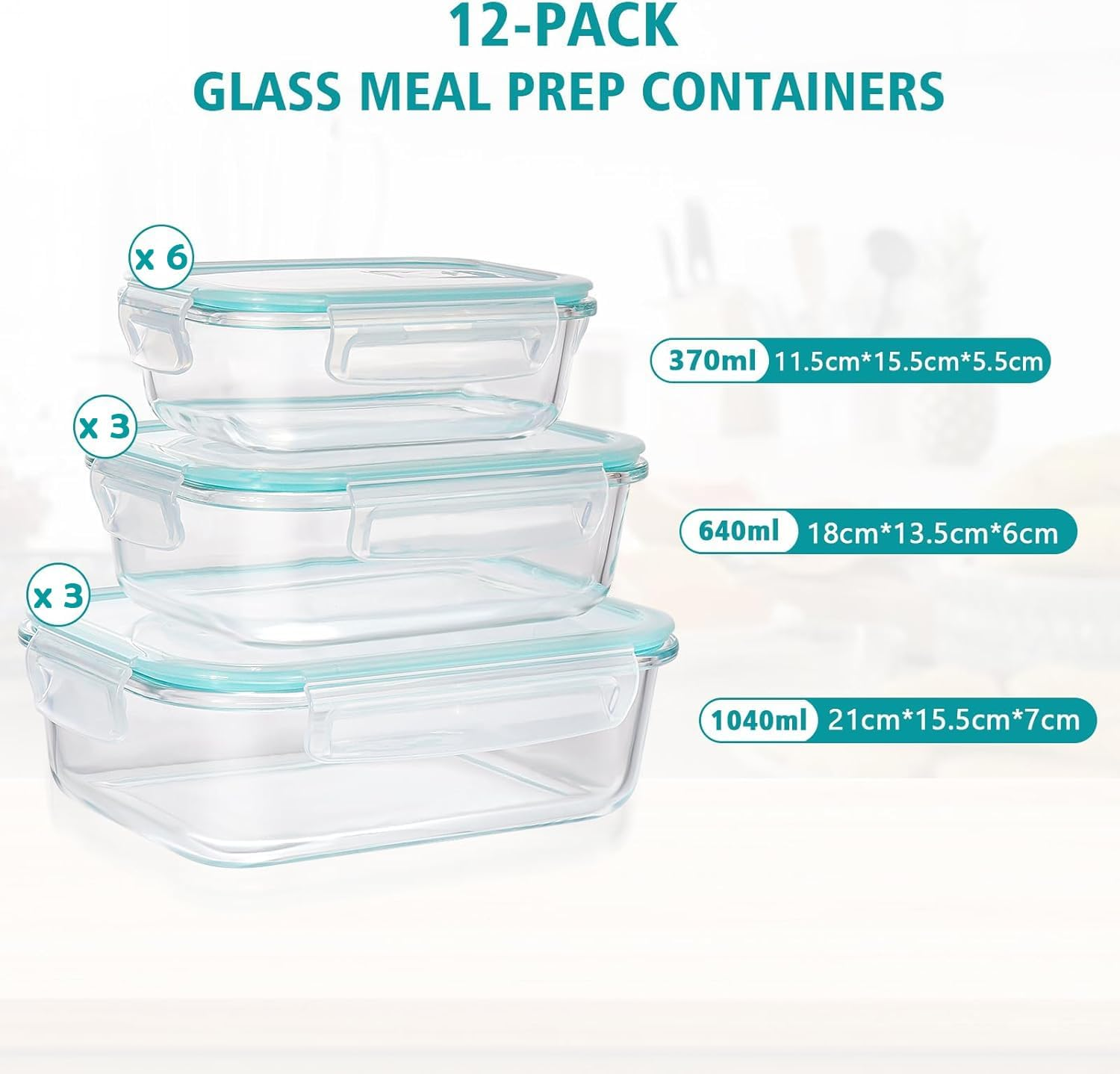 Feshory 12 Pack Airtight Glass Food Storage Containers with Lids - Glass Meal Prep Food Containers, Lunch Box Safe for Microwave, Freezer, Dishwasher Kitchen Storage & Organisation image number 2