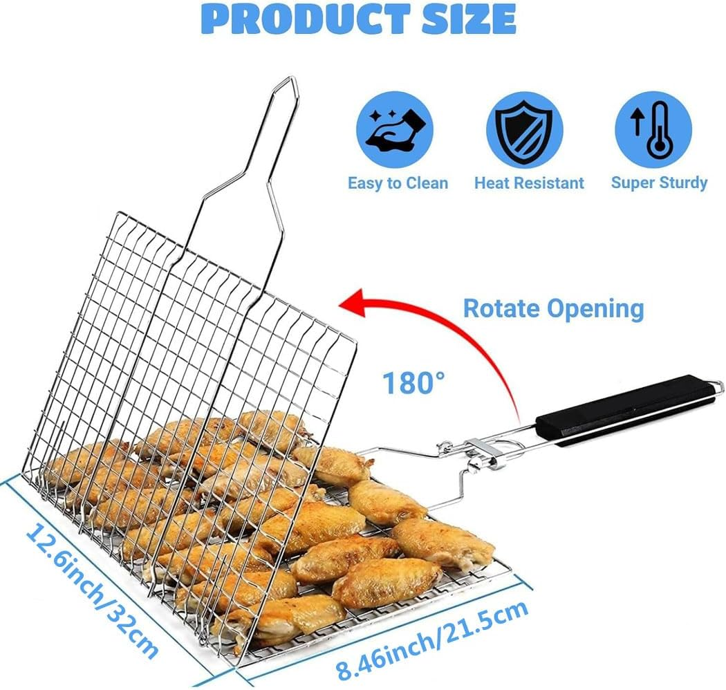 Idopick Grill Basket,Bbq Grilling Basket, 304 Stainless Steel Folding Fish Grilling Baskets with Removable Handle, Portable Outdoor Camping BBQ Rack for Fish, Shrimp, Vegetables, Barbeque Griller image number 1