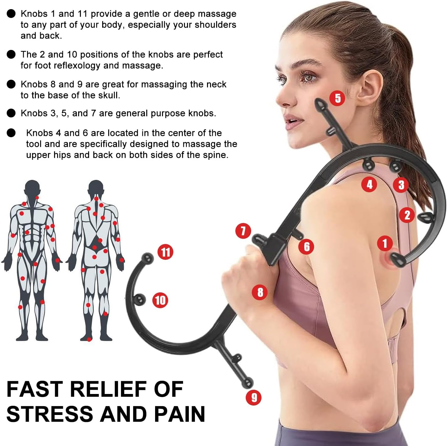 EDINNO Trigger Point Massager, Trigger Point Therapy Self Massage Tool, Back and Neck Massager, Handheld Massage Stick, for Back Massage Muscle Tension (Black) - Black image number 2