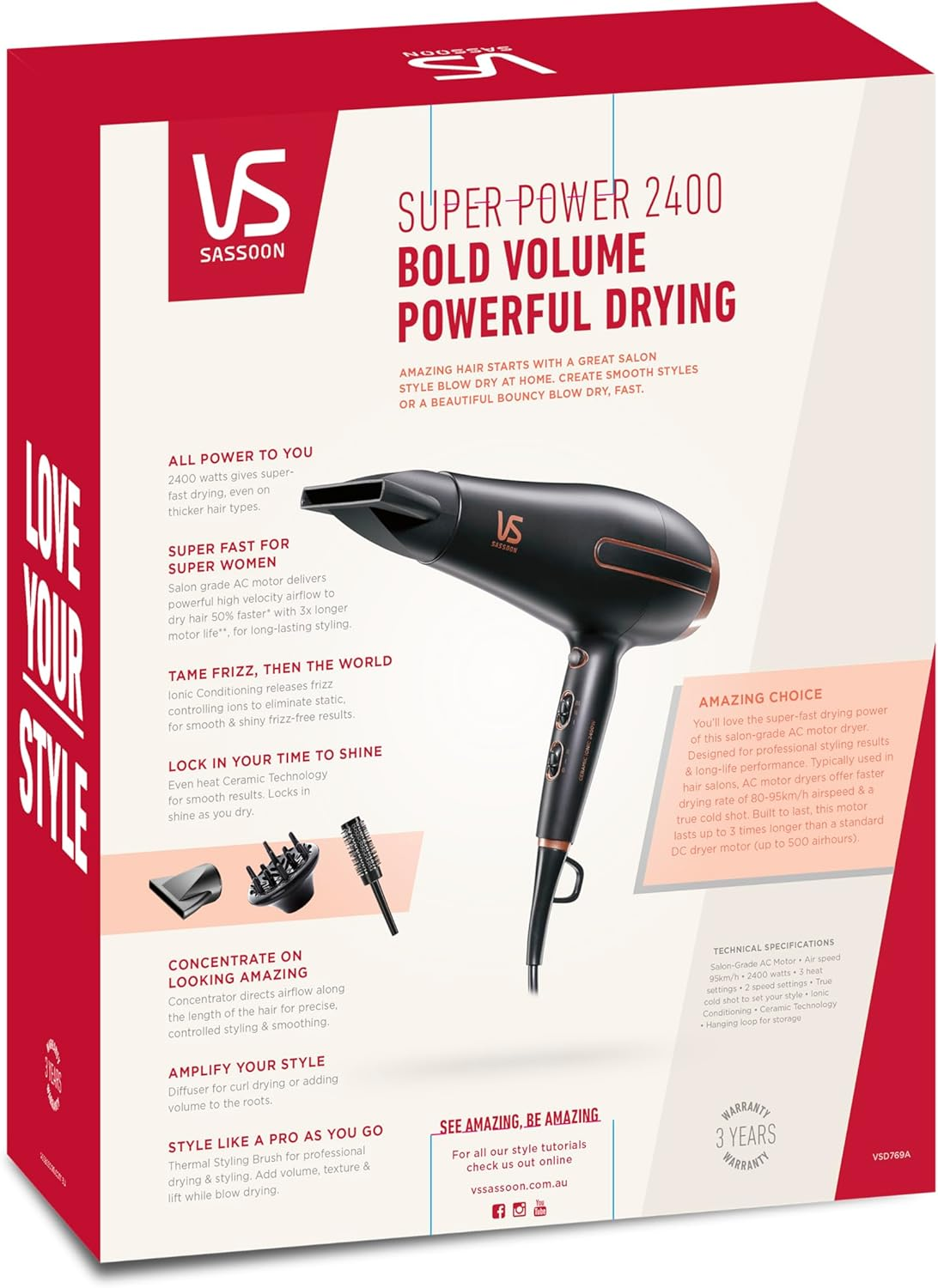 VS Sassoon Super Power 2400 Hair Dryer &ndash; 2400W AC Motor, Ionic Conditioning, Ceramic Technology, Fast Drying, Frizz Control, Styling Brush & Diffuser