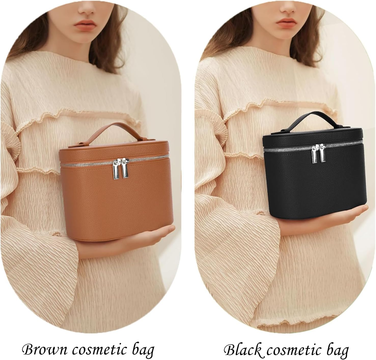 IEMIEBOAMGNOY Leather Make up Bags with Compartments, Brown Travel Cosmetic Bags for Women, Parallel Makeup Travel Bags Organizer Equipped with a Detachable Divider, Brown, Leather Make up Bags image number 1