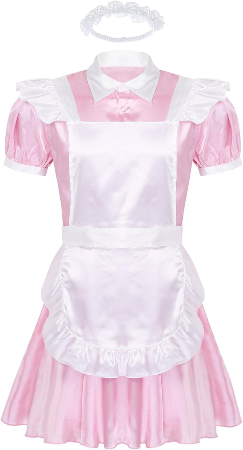 Yeahdor Men'S Short Sleeve Satin French Maid Uniform Crossdressing Sissy Lingerie Fancy Dress Outfits image number 1