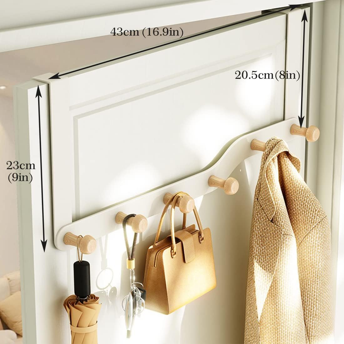 Dynus over the Door Hook Hanger with 6 Wooden Door Hooks, Metal Coat Rack for Coat Towels Bags,Back of Living Room,Bedroom,Bathroom, Kitchen, or Office (White) image number 5