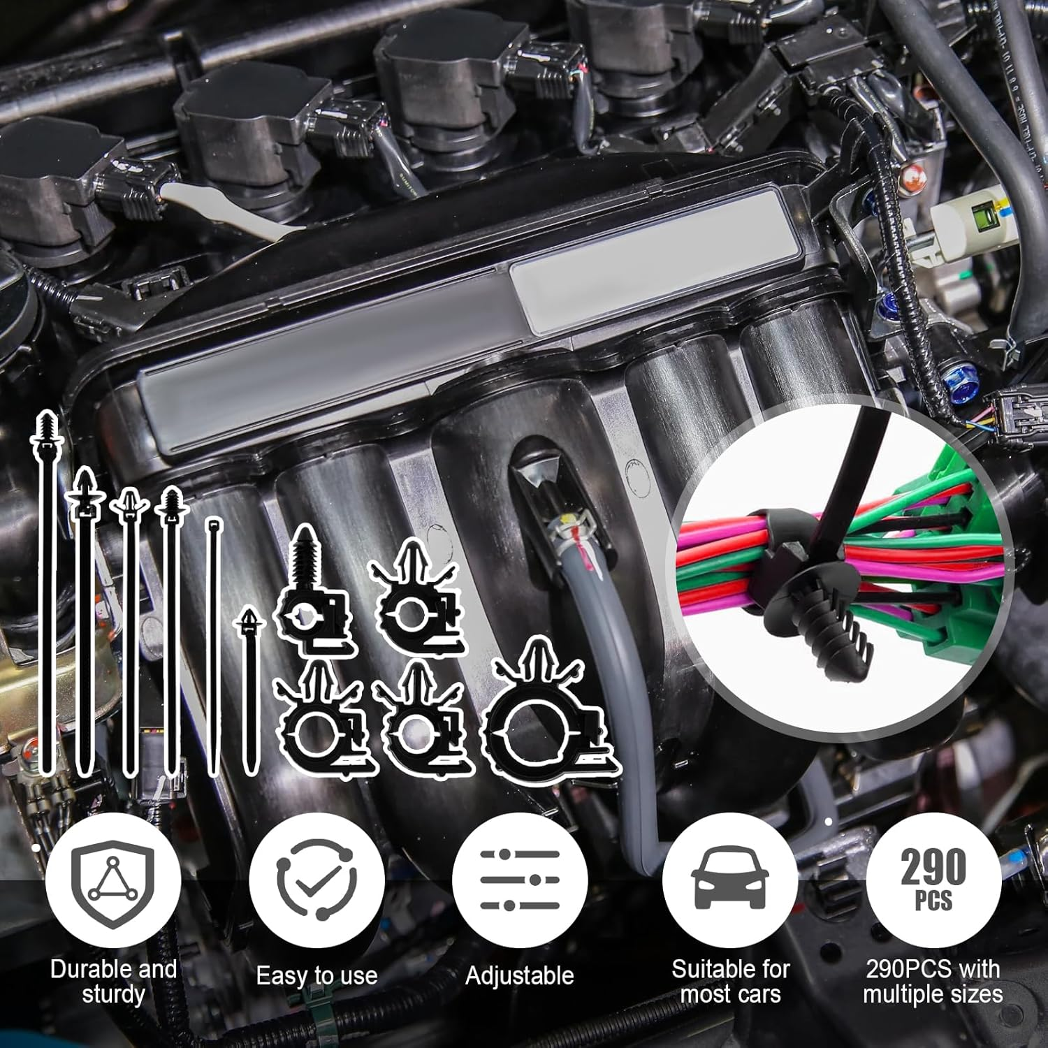 290Pcs Car Wire Harness Routing Clip Assortment Kit，Wire Routing Clips Enduring Nylon Retainer Car Clips Replacement Parts for Most Cars Auto，5 Different Sizes image number 4