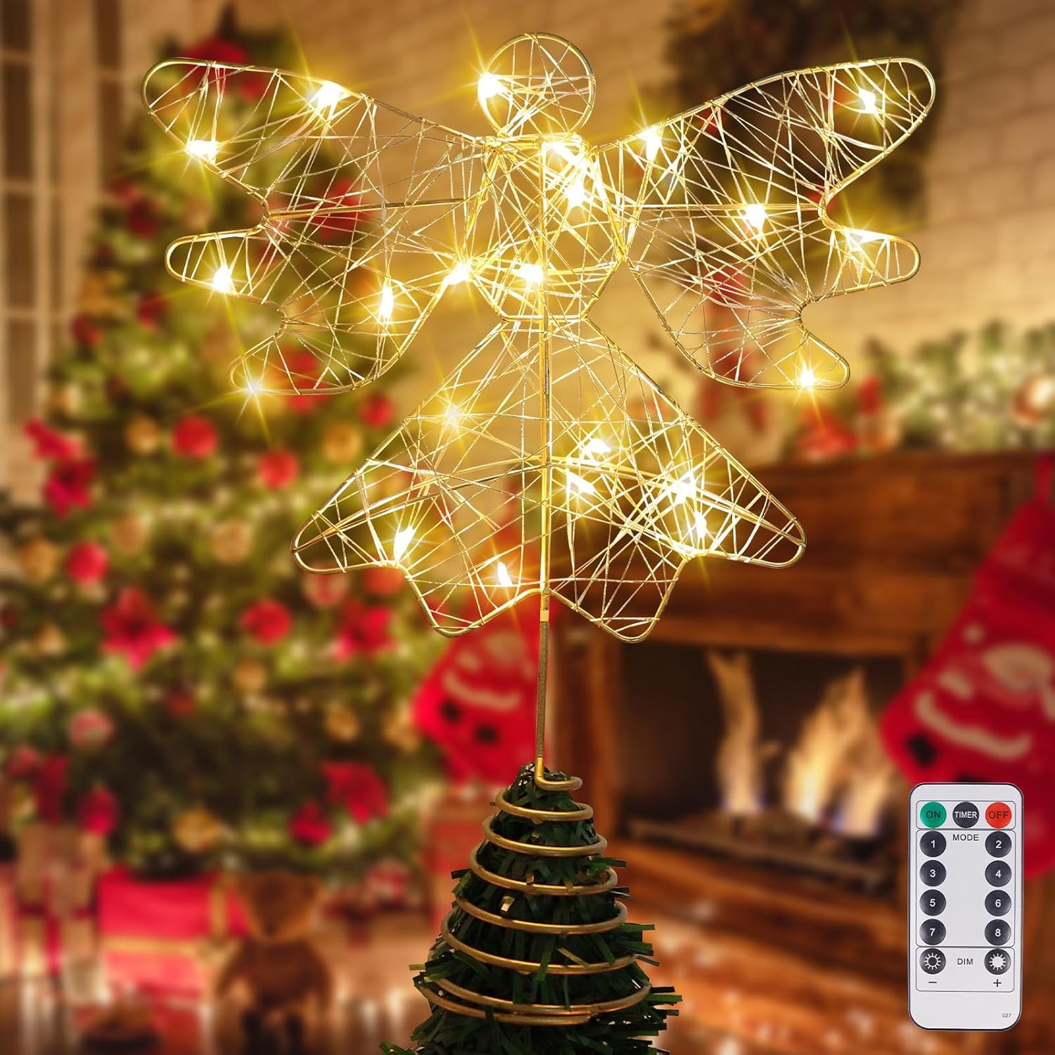 Augshy Gold Christmas Tree Topper Star with 20 Warm White LED Lights and Pearl Beads, Remote Control Star Tree Topper for Christmas Tree Decorations and Xmas Holiday D&eacute;cor (Gold Pearl Angel 20 LED)