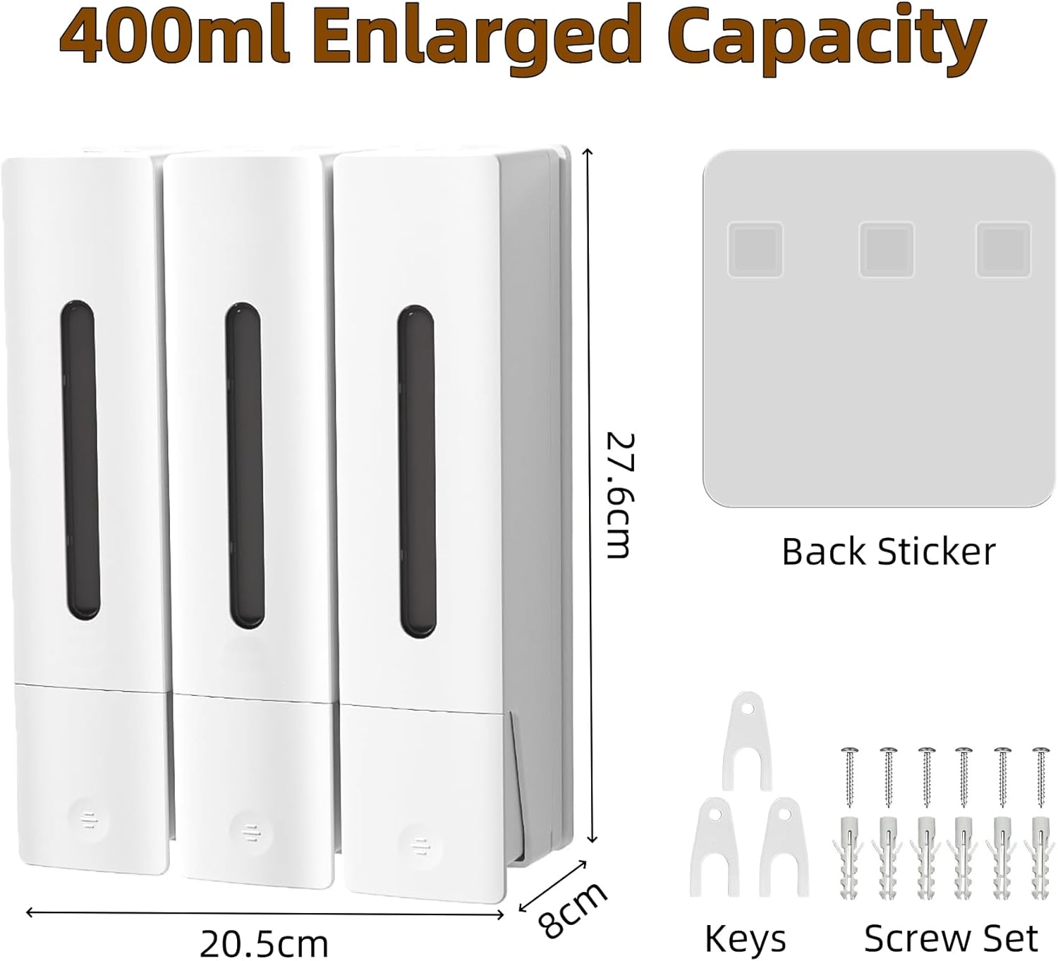 FORYUSE Shower Soap Dispenser Shampoo Conditioner Wall Mounted No Drill Body Wash Dispenser 3 Chamber for Home Bathroom Hotel 3 X 400Ml Large Capacity White image number 6