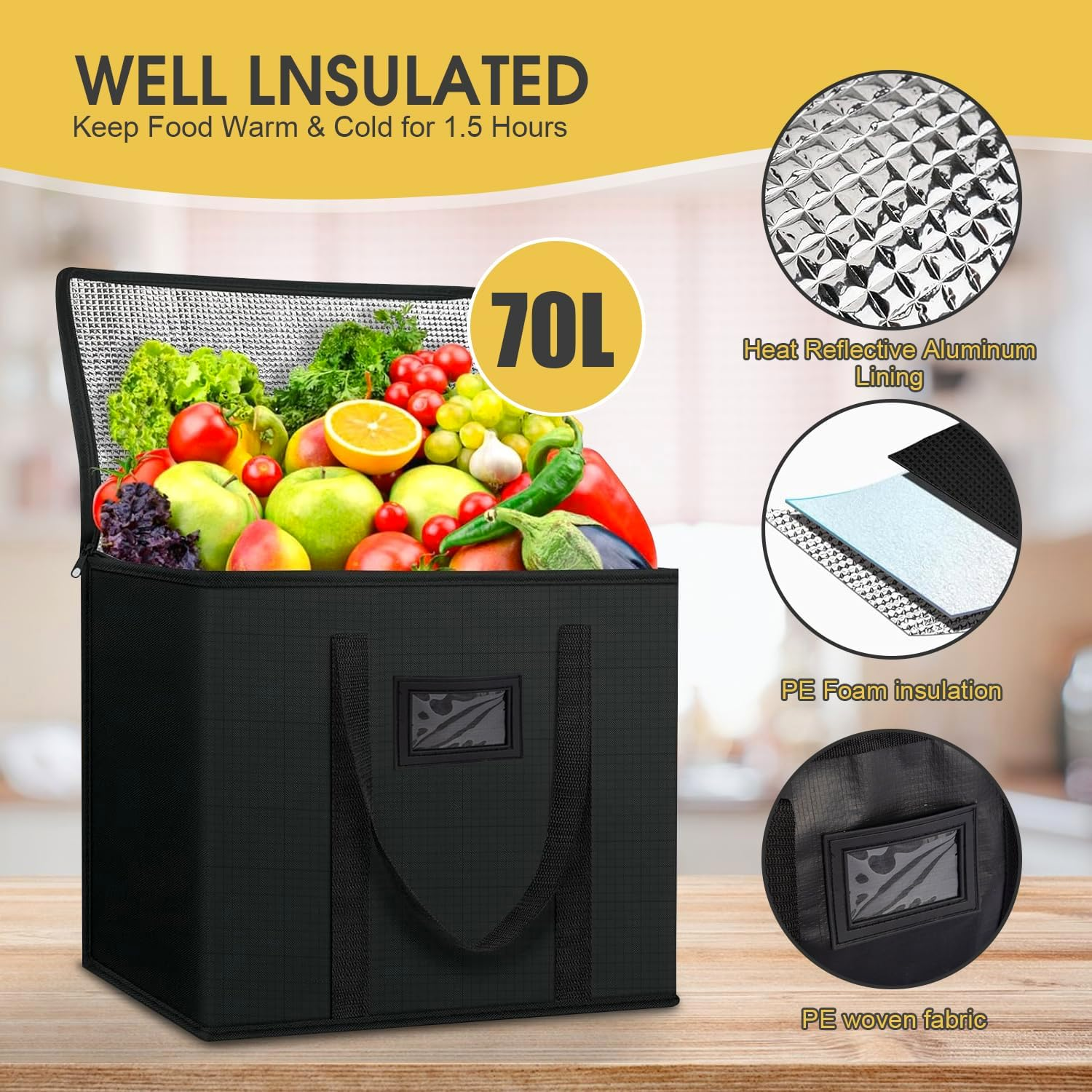 Large Insulated Delivery Bag, 43L/70L Cooler and Food Warmer, Reusable Insulation Pizza Warmer for Catering, Collapsible Grocery Shopping Tote image number 4