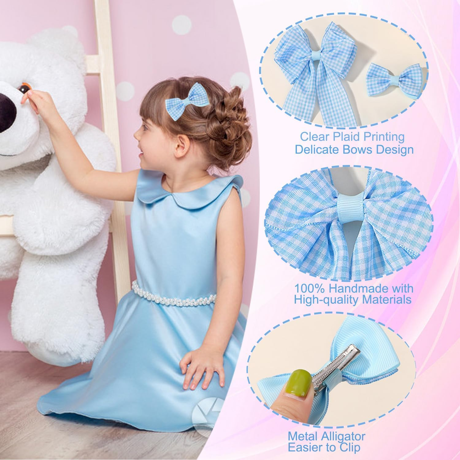 12PCS Girls Plaid Bow Hair Clips, Gingham Hair Ribbon Nonslip Alligator Clips Checkered Bowknot Hair Clips with Long Tails Ponytail Holder Barrettes Pin Hair Accessories for Infant Toddlers Teens Kids