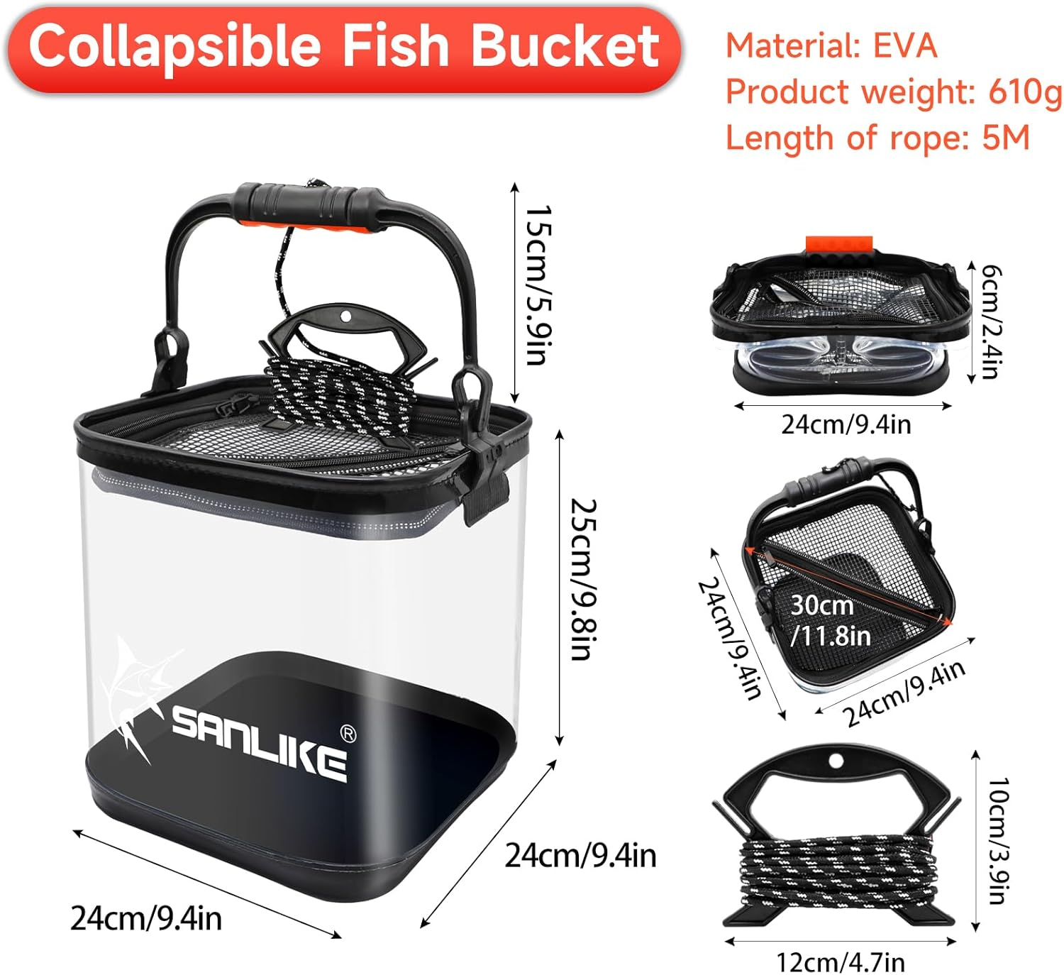 KOMCLUB Collapsible Bucket Foldable Portable Water Bucket with Handle for Camping Fishing Hiking Travelling Gardening 12L Transparent image number 5