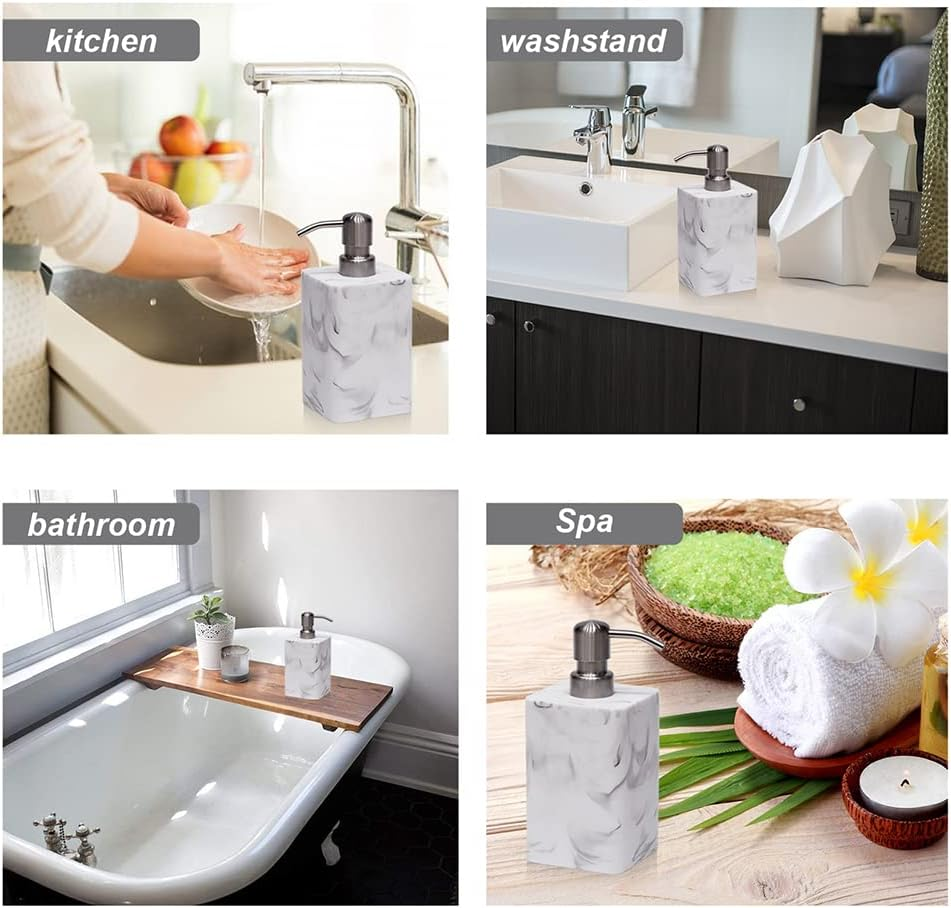 Soap Dispenser Set 2-Pack White & White Marble Style,Refillable Liquid Square Suanti Resin Decorative Soap Dispenser for Bathroom Countertop & Kitchen Home Decor (14.5 Oz) image number 5