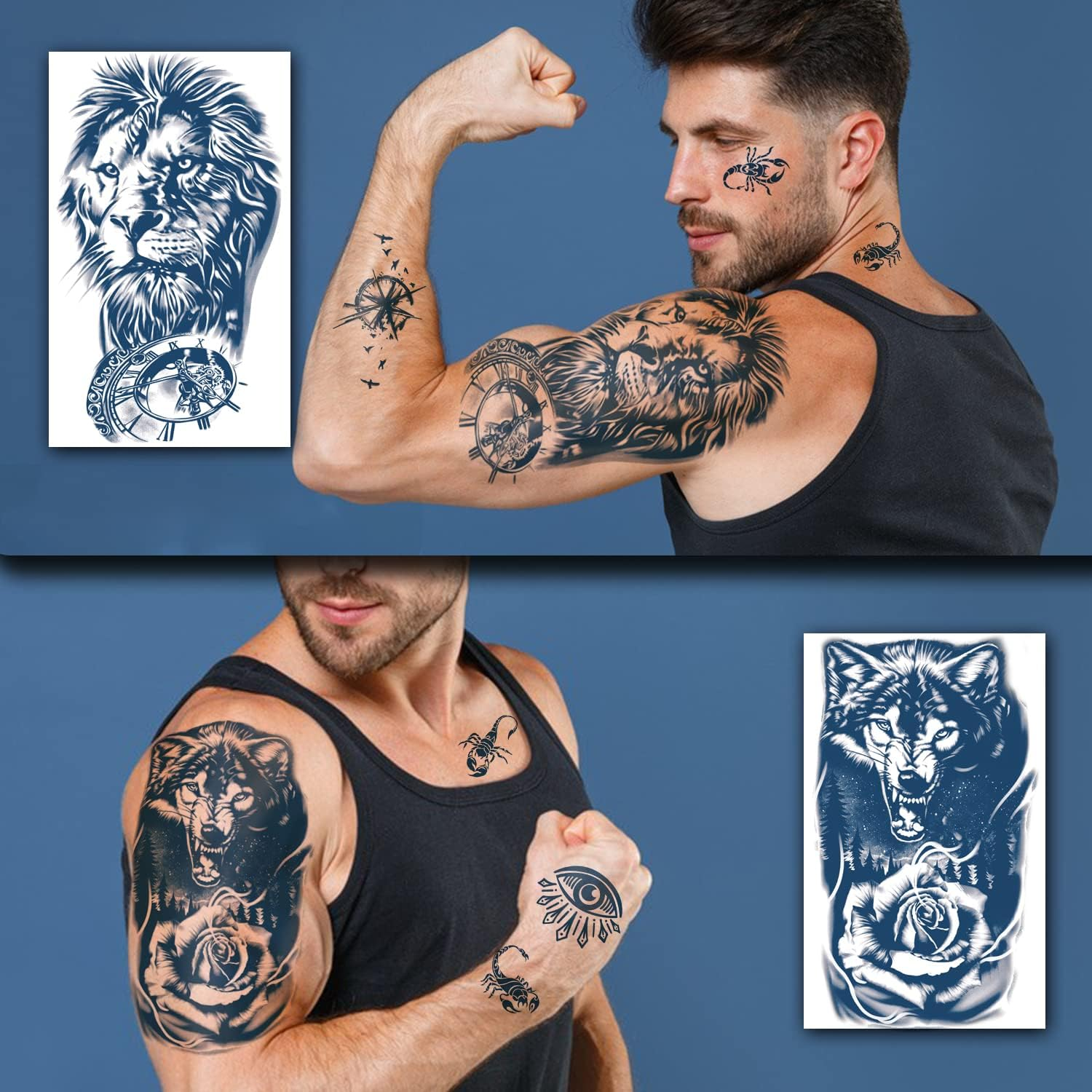 18 Sheets of Semi-Permanent Tattoos for Women, 4 Sheets of Large Flowers, Dark Blue Fake Tattoos and 14 Sheets of Small Tattoos for 1-2 Weeks, Waterproof Temporary Tattoo image number 1