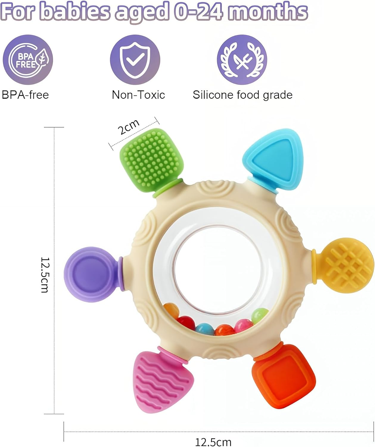 Baby Teething Toys for 0-12 Months- Silicone Rudder Teether Toy with Rattle Rings - BPA Free Sesory Montessori Toy for Soothing Sore Gums & Pain Relief - Easy to Clean Baby Shower Essentials Xmas Gift image number 2