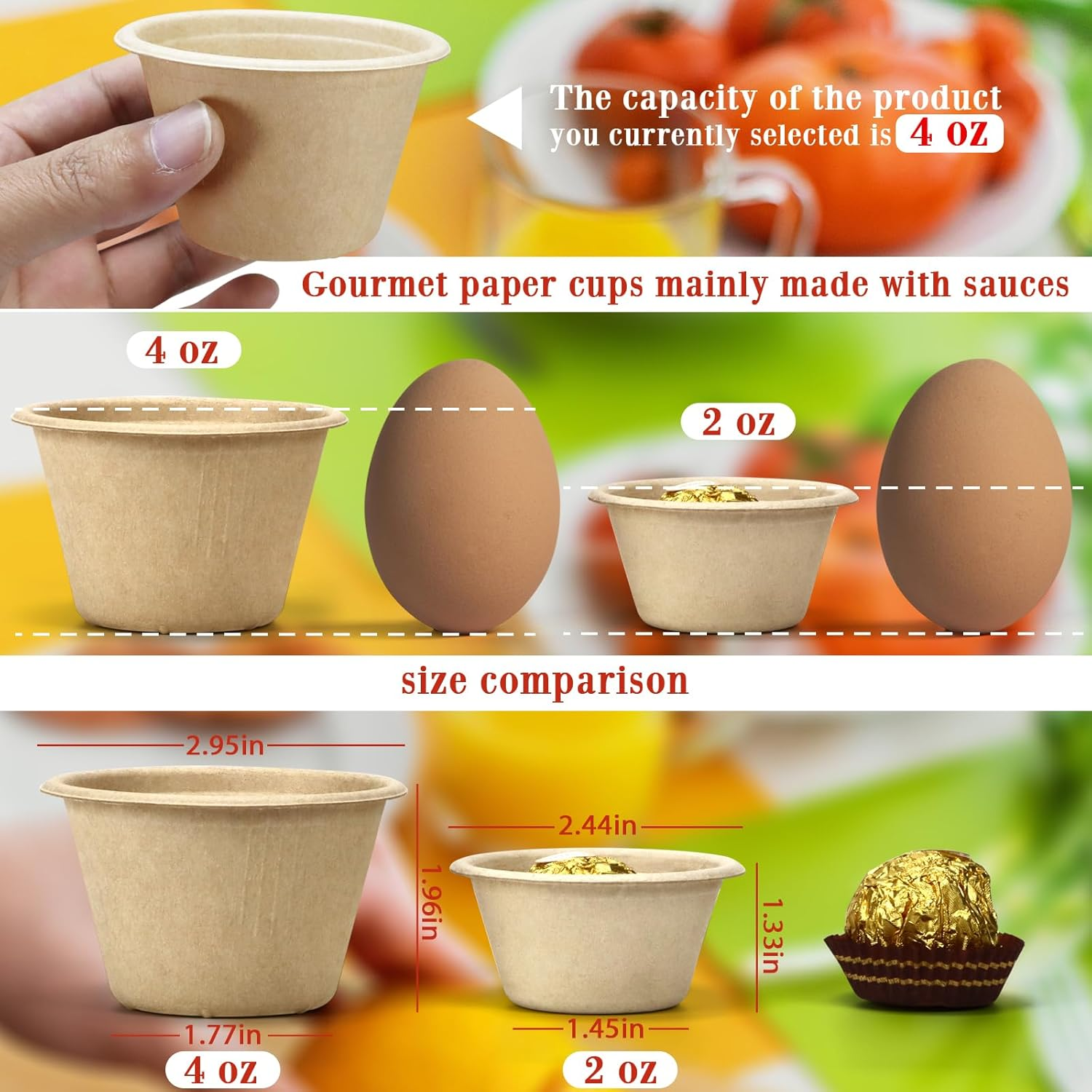 Leonbach 100 Pack Natural Bagasse Fiber Bowls 2Oz Disposable Paper Cups Microwavable Safe Sample Snack Charcuterie Serving for Sauce Portion Ice Cream Pet Food Desserts image number 3