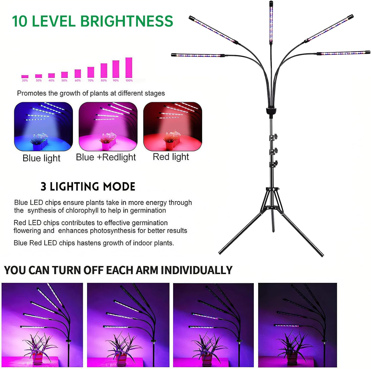 F1TP Grow Lights for Indoor Plants 9 Dimmable Levels 80 LED Lamps Plant Lights (With Auto On/Off 4/8/12H 3 Adjustable Timers, Tripod Stand, Remote Controls, 2 Shovels, 1 Claw, 1 Adapter) image number 6