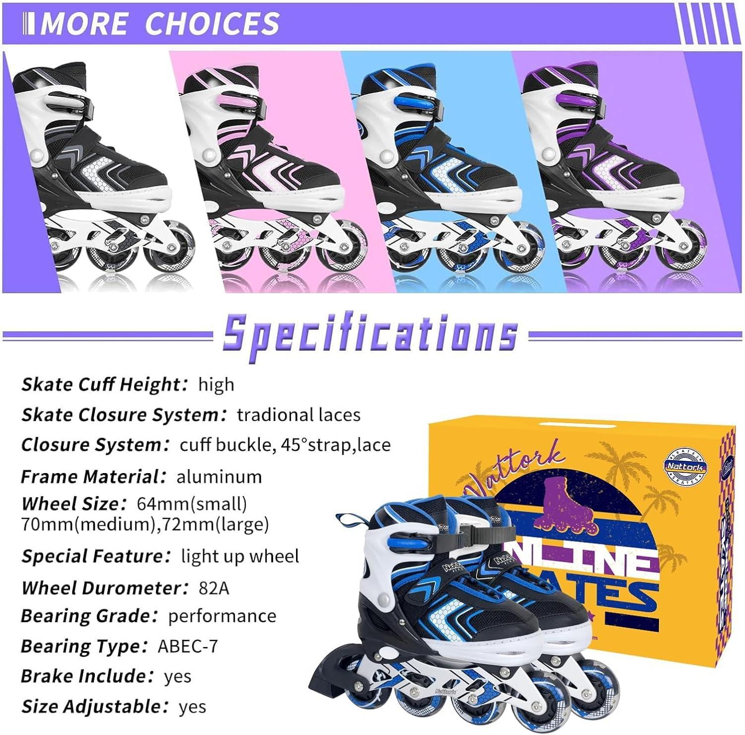 Nattork Inline Skates for Girls and Boys with Full Light up Wheels, Adjustable Beginner Roller Skates for Kids Youth image number 4