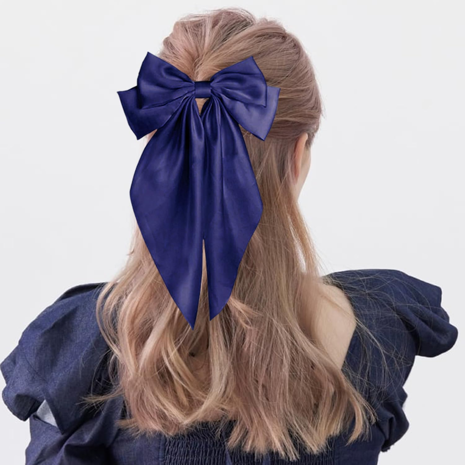 1 Large Hair Pin with Bow and 1 Hair Ring, Long Bow, French Hair Accessories, Silky Satin Hair Pin (Navy Blue)