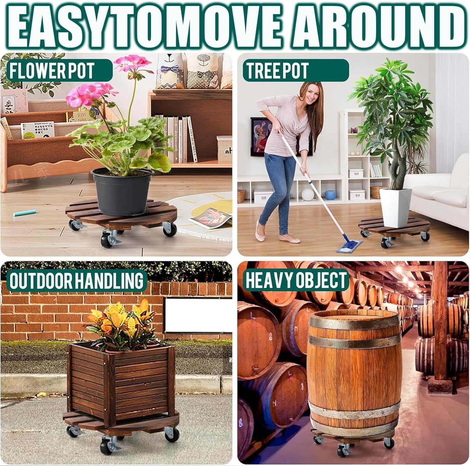 WEZCHUGHAOL 2-Pack Wood Plant Caddy with 360&deg; Lockable Wheels, Rolling Plant Stand for Indoor Outdoor Flower & Succulent Pots, round Pot Caster Tray 30X30X8Cm image number 2