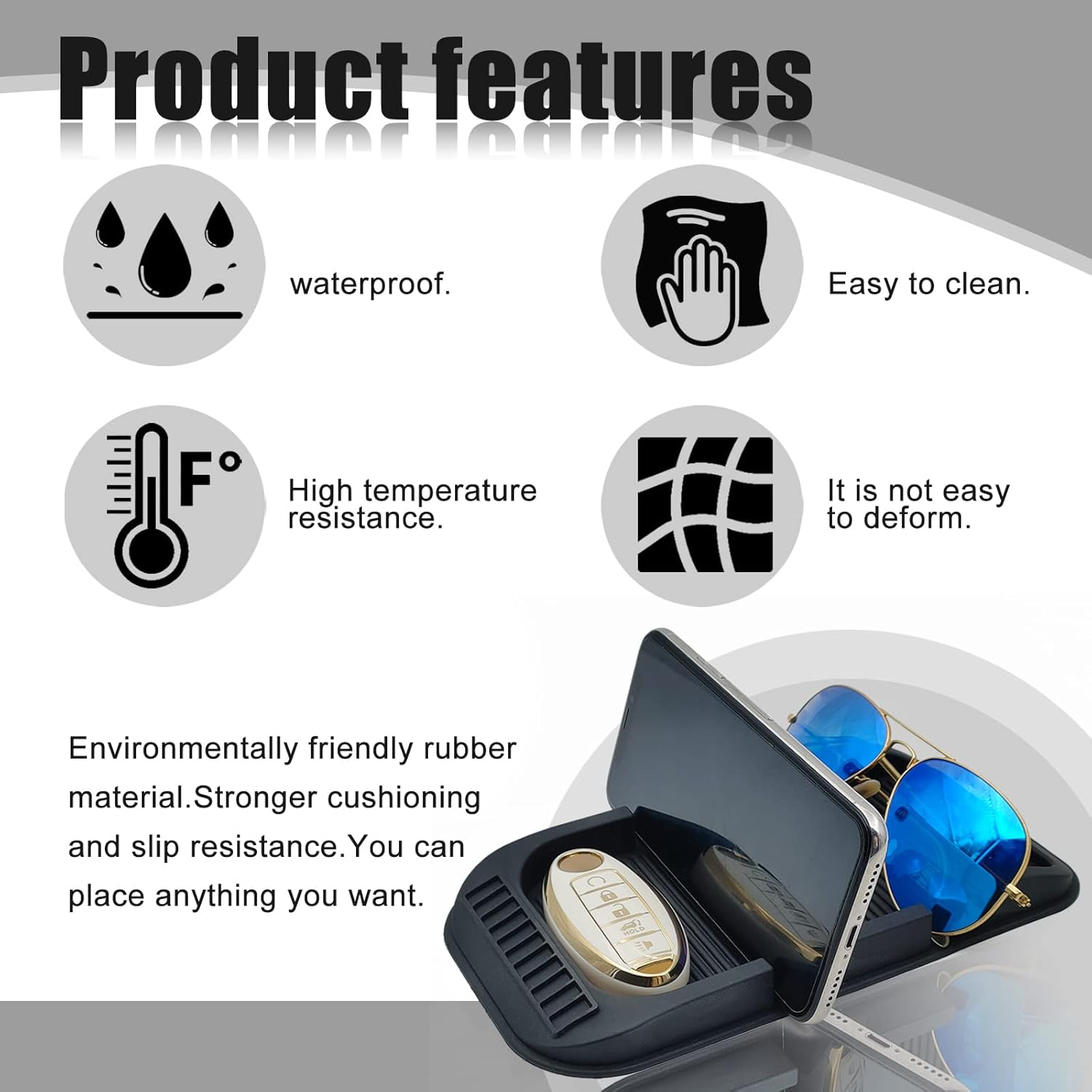 Car Dashboard Cell Phone Holder, Anti-Slip Pad Double-Groove with Number Plate Auto Silicon Tray, Silicone Car Pad Mat for Various Dashboards,Phone GPS Keychains Sunglasses Mat image number 3