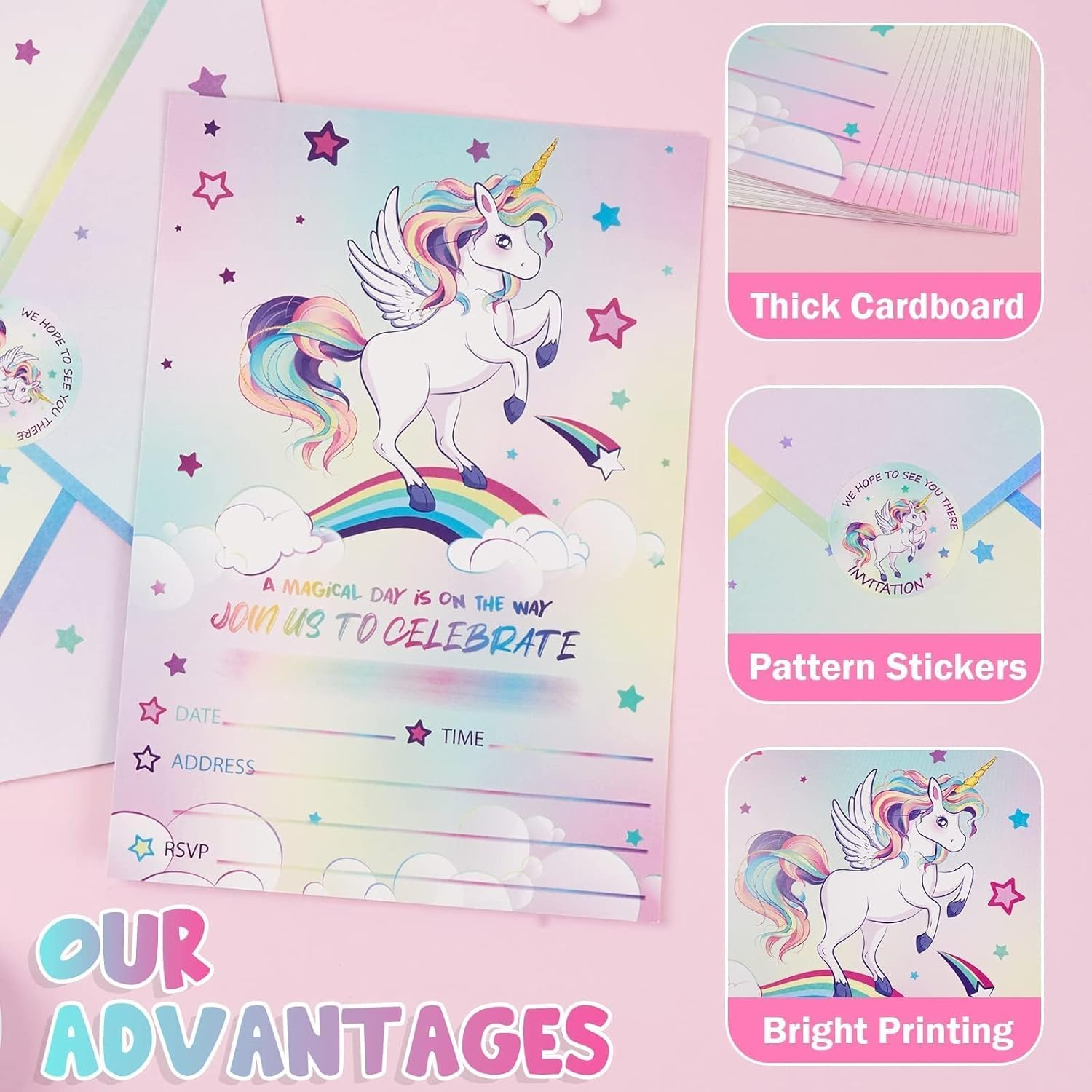 WERNNSAI 24PCS Unicorn Birthday Invitation - Rainbow Unicorn Party Supplies Fill-In Linvitations with Envelopes for Girls Birthday Baby Shower Double-Sided Printed Invite Cards image number 1