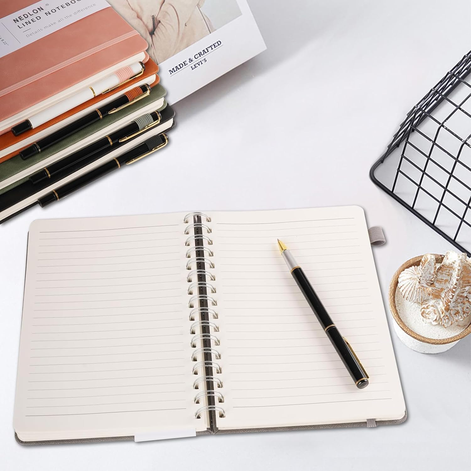 Lined Spiral Notebook Journal for Women Men 200 Pages A5 College Ruled Hardcover Leather with Pen Holder Notebook Journals for Note Taking Work (Green) - Black image number 3