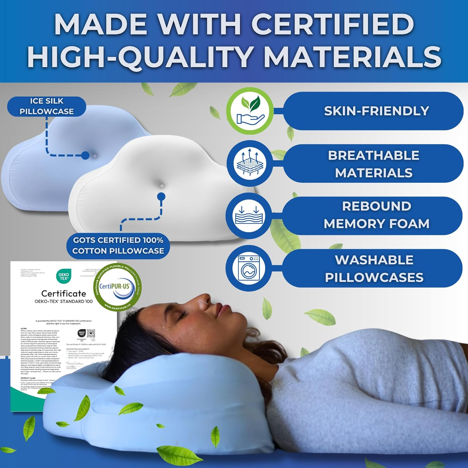 COZYMOON Ergonomic Contour Memory Foam Pillow - Cervical Pillow for Sleeping Neck & Back Support for Pain Relief, Orthopedic Bed Pillow for Back, Side & Stomach Sleeper with 2 Removable Pillowcases image number 2