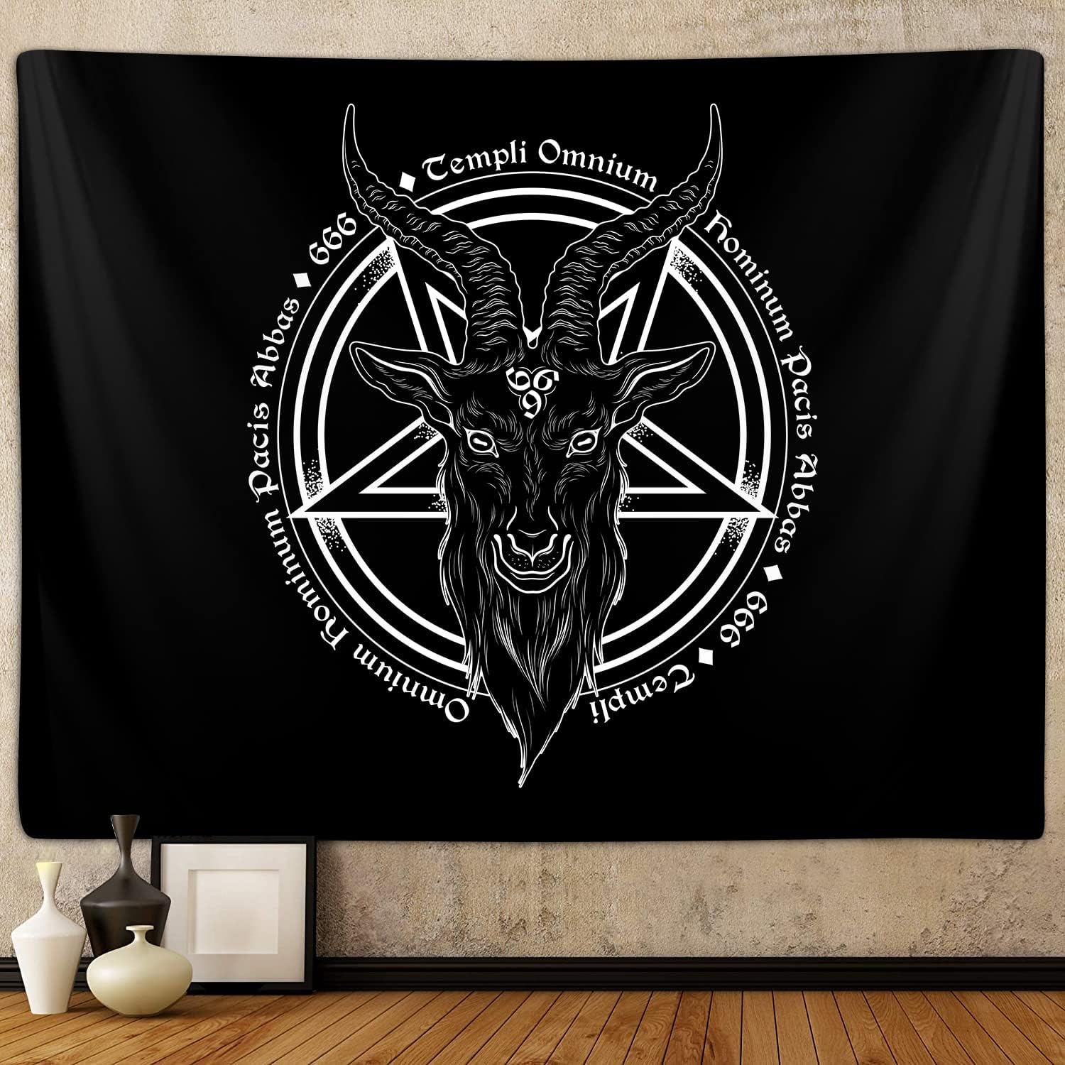 Satanic Pentagram Tapestry for Bedroom, Baphomet Statue Art Goat Head Skull Pagan Tapestries Wall Hanging for College Dorm Living Room Men Decor 60"X40", Black and White Gothic Demon Poster image number 2