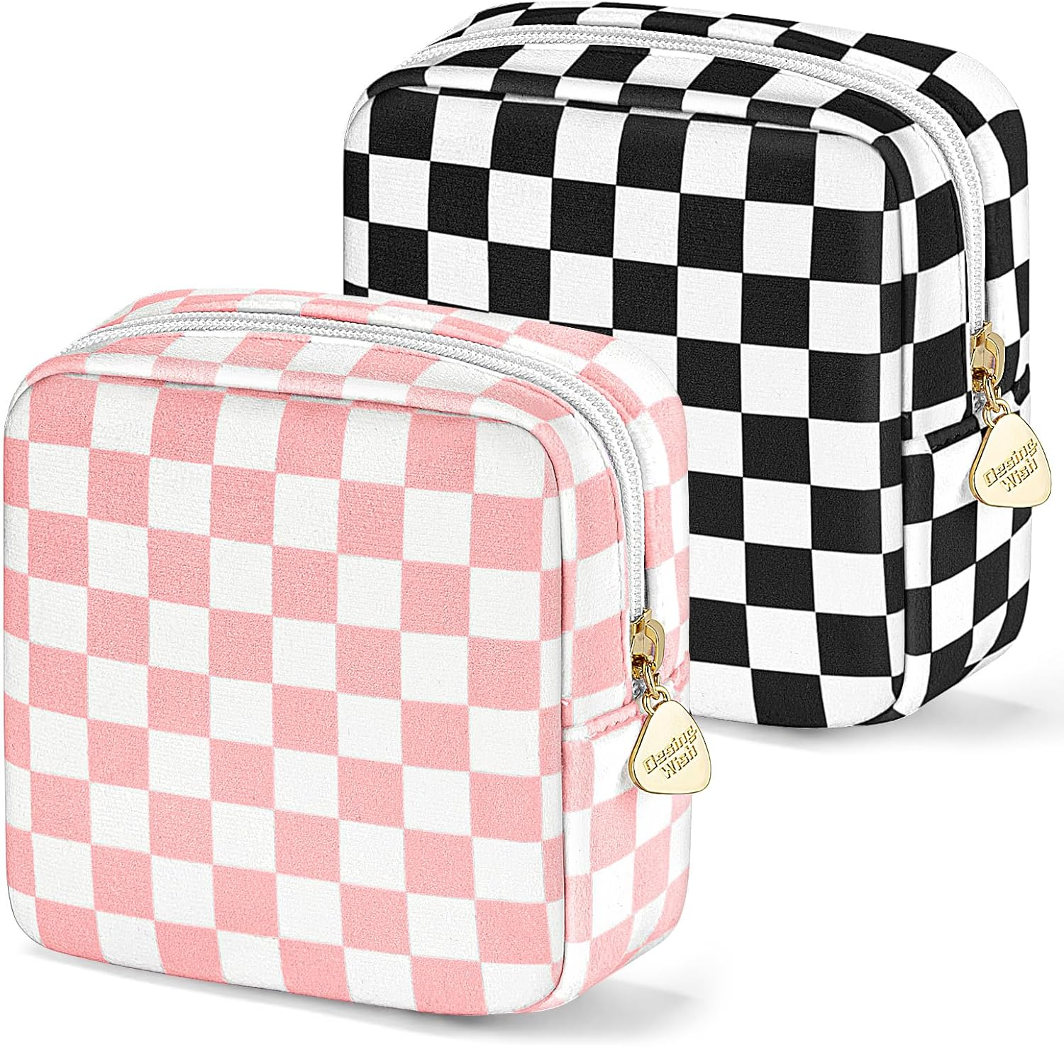 Desing Wish Women'S Make up Bag Small, Pink and Black Checkerboard Pattern - Pack of 2, Mini