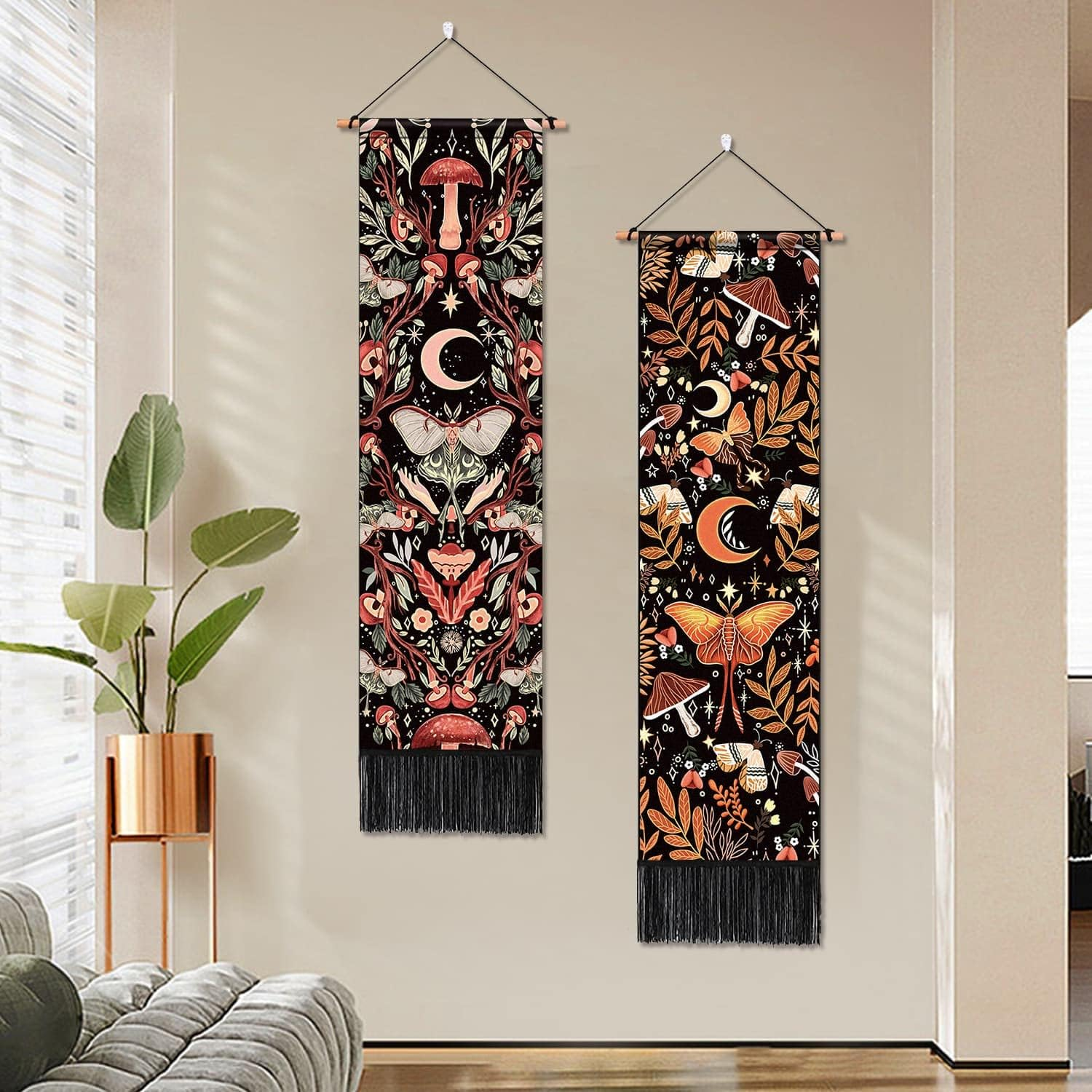ARTCREATOR Pack of 2 Mushroom Wall Hanging Decor, Hippie Room Botanical Vertical Wall Decor Moon Plant Tapestry Mystical Moth Bohemian for Room(12.8 X 51.2 Inches) Red and Yellow image number 4
