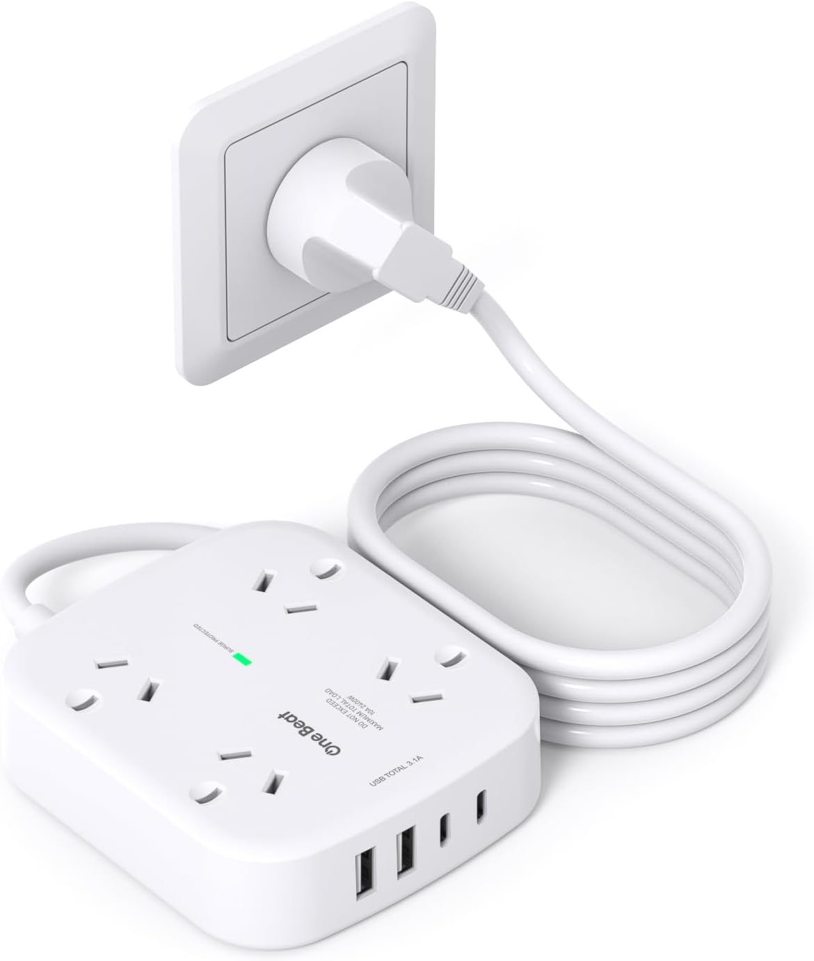 One Beat Surge Protected Power Board with 4 AC Outlets & 4 USB Ports (2&times;USB-C), 1.5M Extension Cord, AU Standard Travel Power Strip for Office, Dorm, Home Essentials image number 2