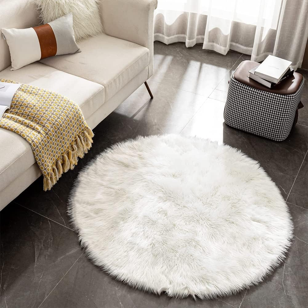Soft Faux Sheepskin Fur Rug Fluffy Faux Fur Area Rug round Floor Mat Luxury Carpet Chair Cover Seat Pad for Holiday Chistmas Tree Skirt Shaggy Rug Bedroom Sofa Living Room (90Cm, White) - White image number 3