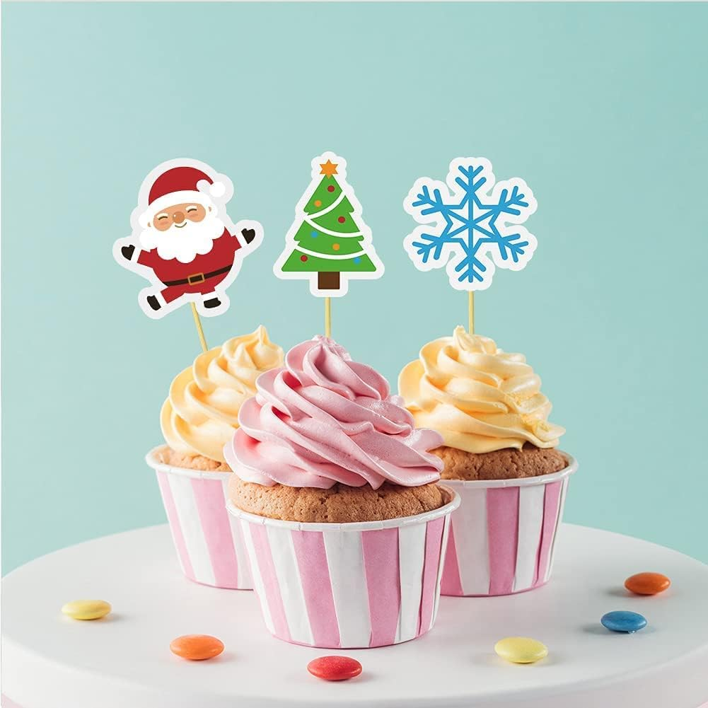Christmas Cake Toppers - Merry Christmas Tree, Snowman, Santa, Snowflake, Cupcake Toppers & Food Inserts - 15 Pcs