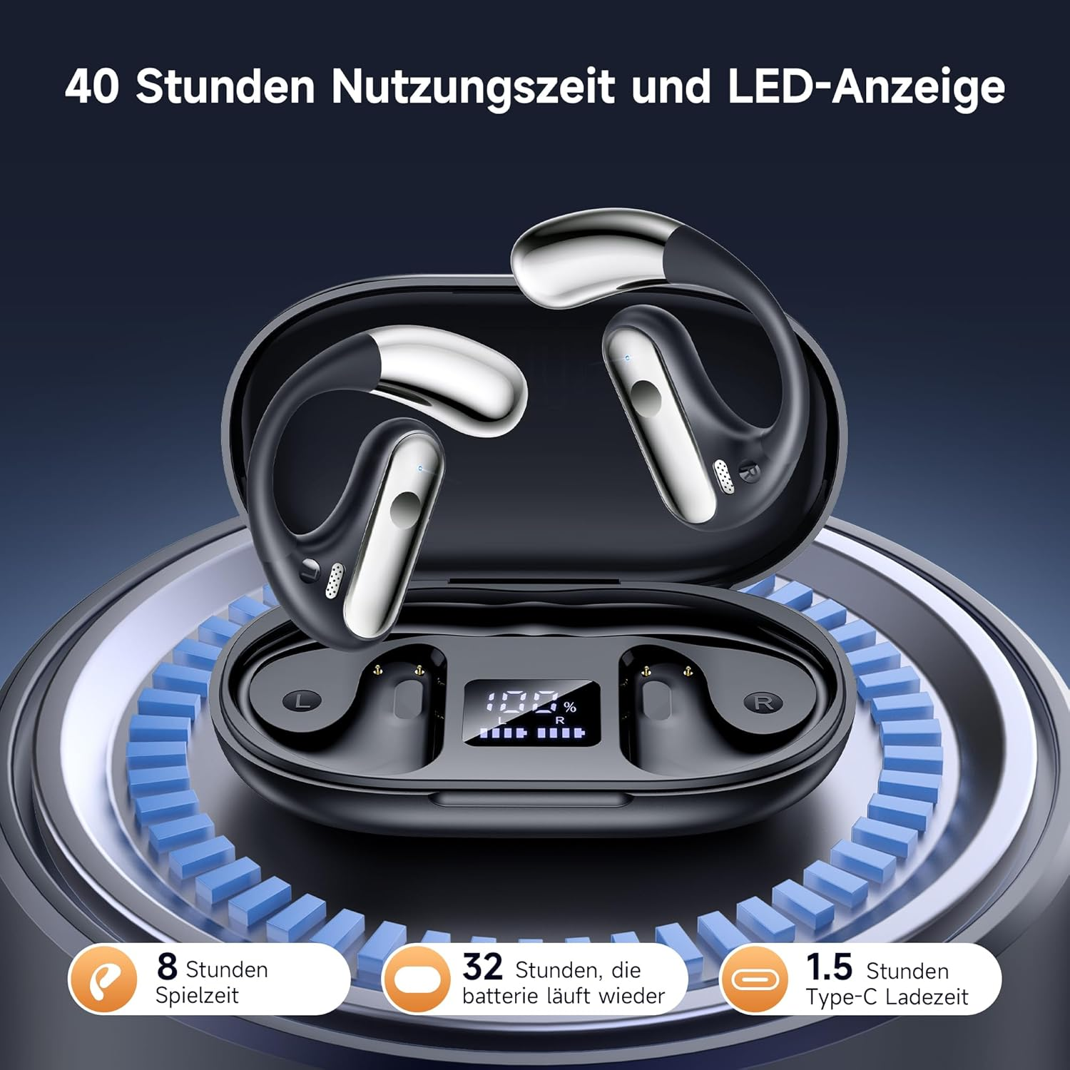 EUQQ Open Ear Bluetooth 5.4 Earbuds, Wireless Headphones, Sports Over-Ear Headphones with Ear Hooks, 40H Playtime Earbuds, Quick Charge, IPX7 Waterproof for Running/Workout, Black image number 2